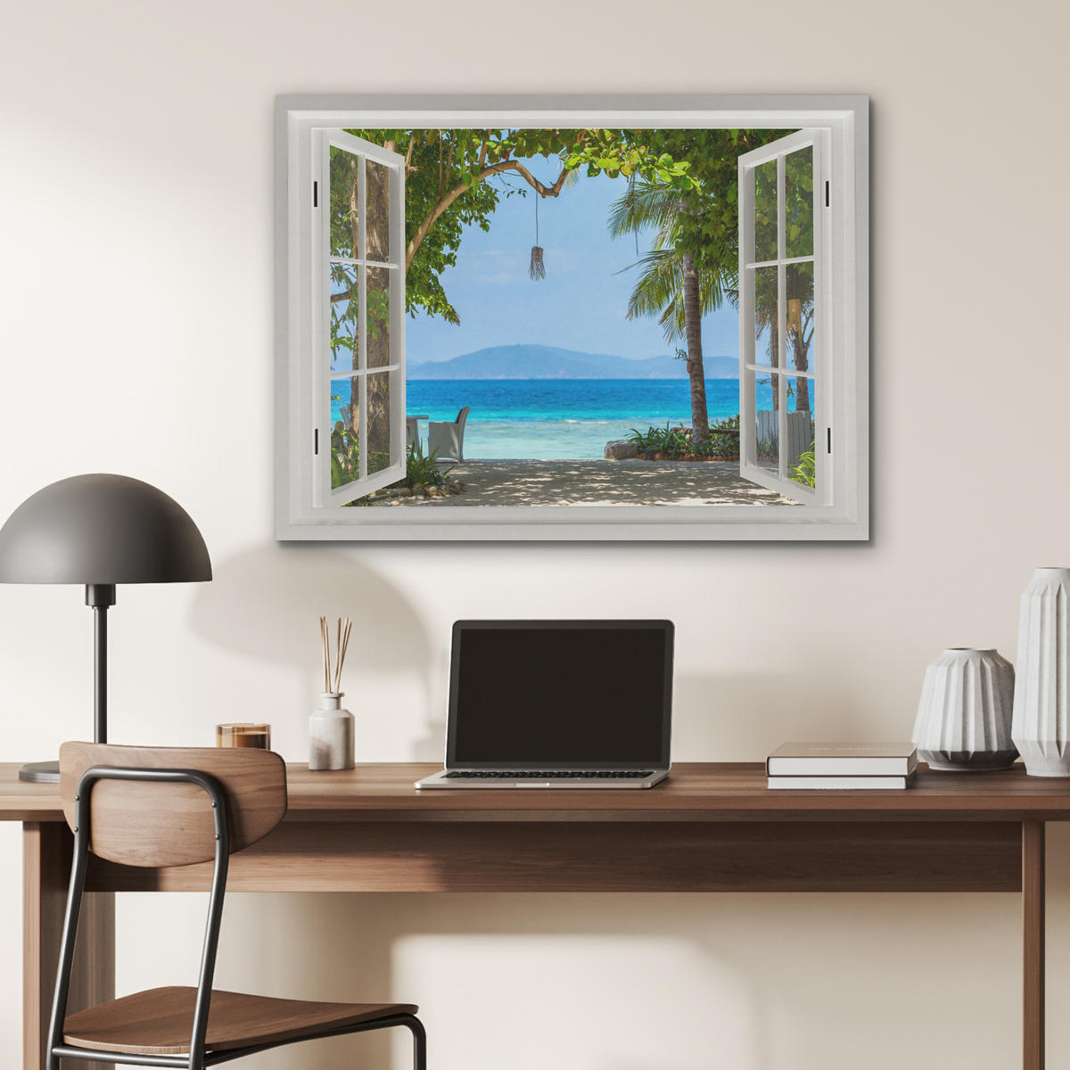 AKUSTIKBILD Aussicht - Baum - Meer - Palme - Hügel - Strand - Blau Gemälde 80x60 cm - Blau, Textil (80/60/0.9cm) - MuchoWow