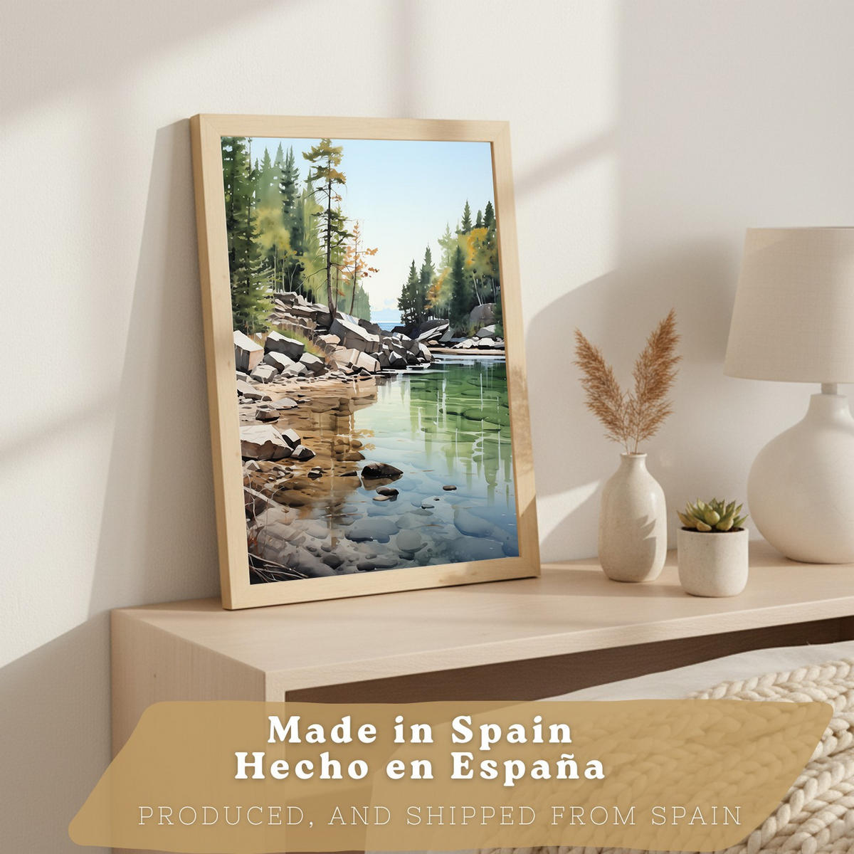 PLAKAT Sada 3 dekorativních tisků Nordic Landscape obývák Obrázky - zelené a hnědé dekorativní plakáty Dekorace ložnice Obývák A4 světlý dřevěný rám - béžová, papír (29.7/42/3cm)