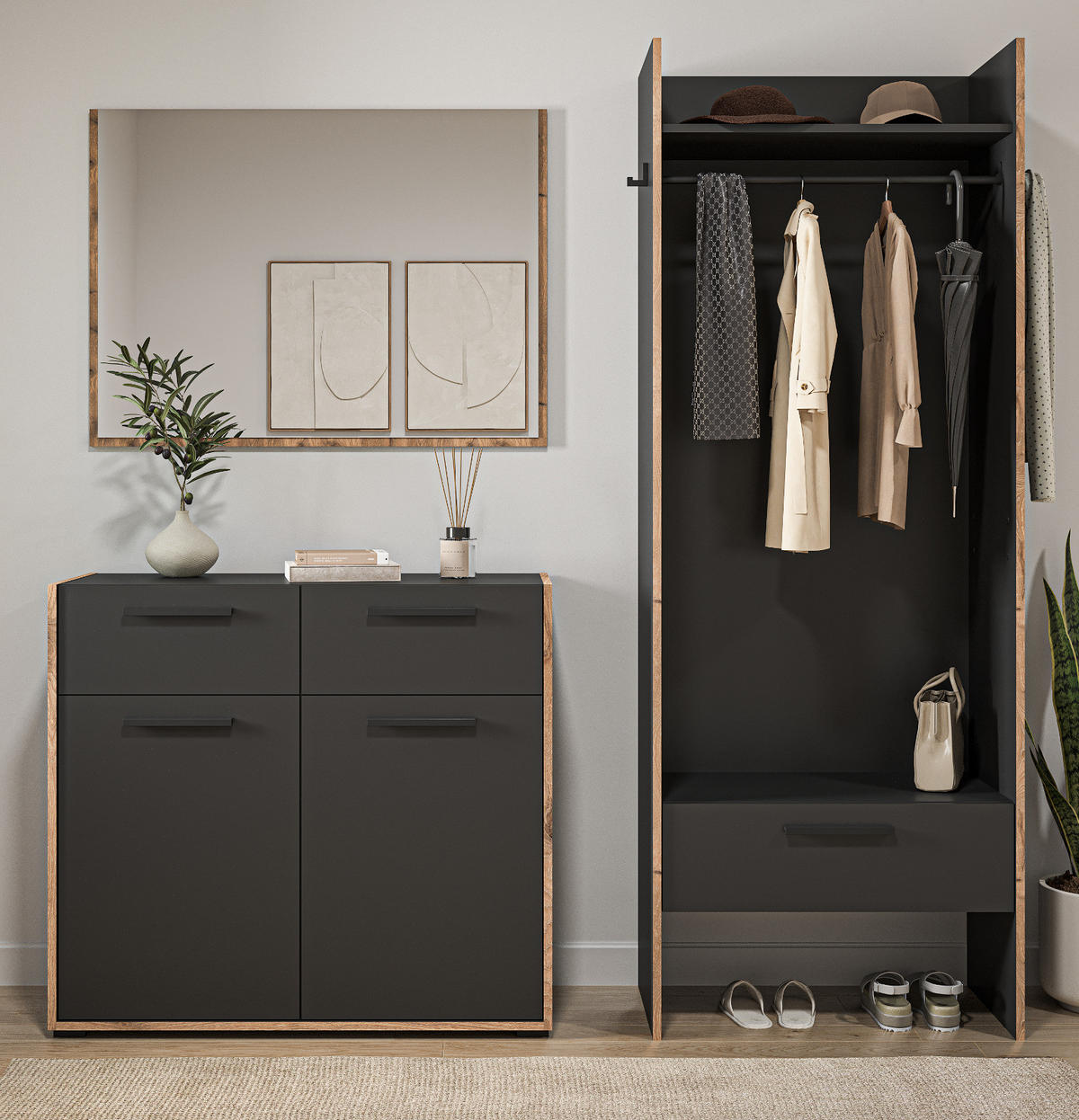 GARDEROBE-SET grau und Nox Eiche, Garderobenkombination 3-teilig, 180 x 189 cm, Salud - Dunkelgrau/Schwarz, Holzwerkstoff/Kunststoff (180/189/37cm) - Inn.Furn