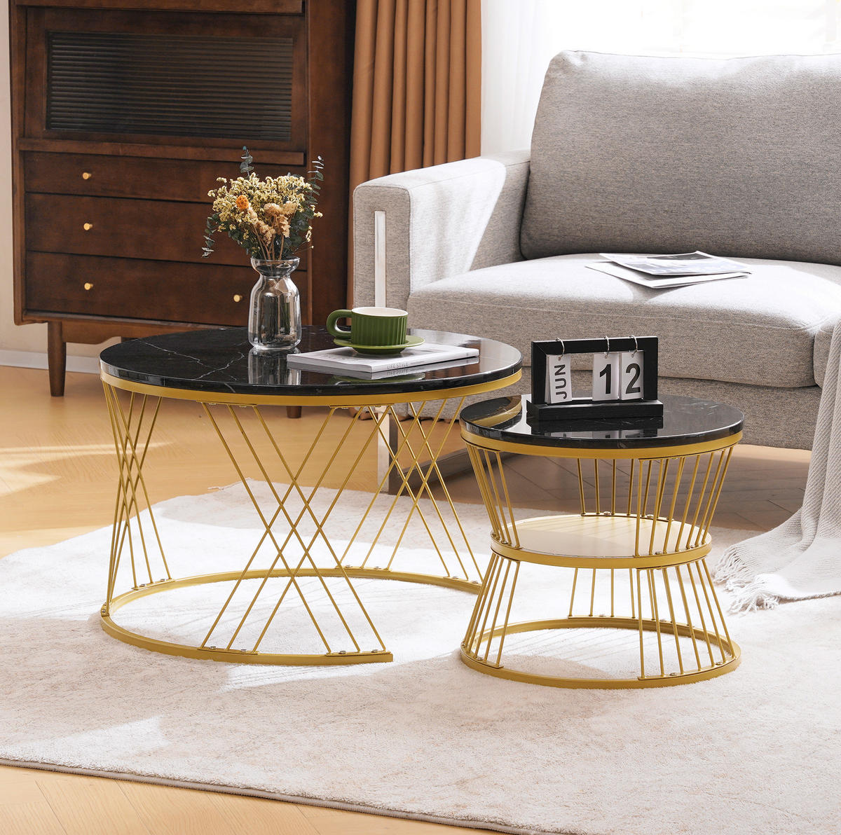 COUCHTISCH-SET 2-teilig 70/70/47 cm Schwarz in Marmoroptik mit Goldgestell platzsparend - Schwarz, Holzwerkstoff (70/70/45cm) - OKWISH