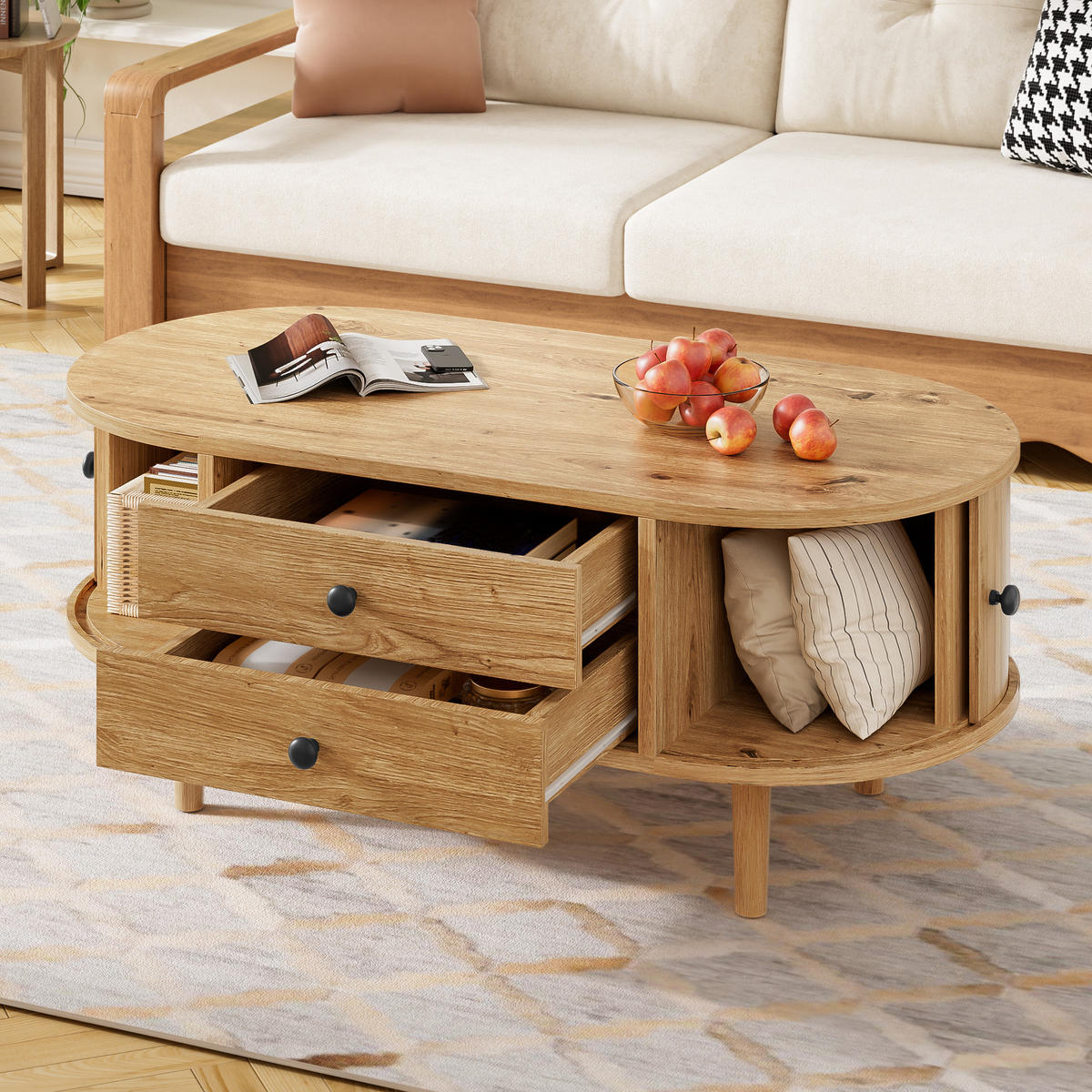 COUCHTISCH Oval Leisten Schiebetüren 2 Schubladen MDF - Eichefarben, Holzwerkstoff (100/50/40cm) - FLIEKS