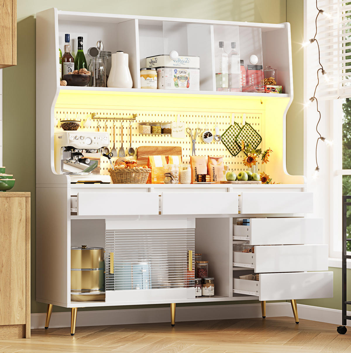 BUFFET 145/39/171 cm weiß aus MDF und Glas mit LED - Weiß, Holzwerkstoff (145/171/39cm) - OKWISH