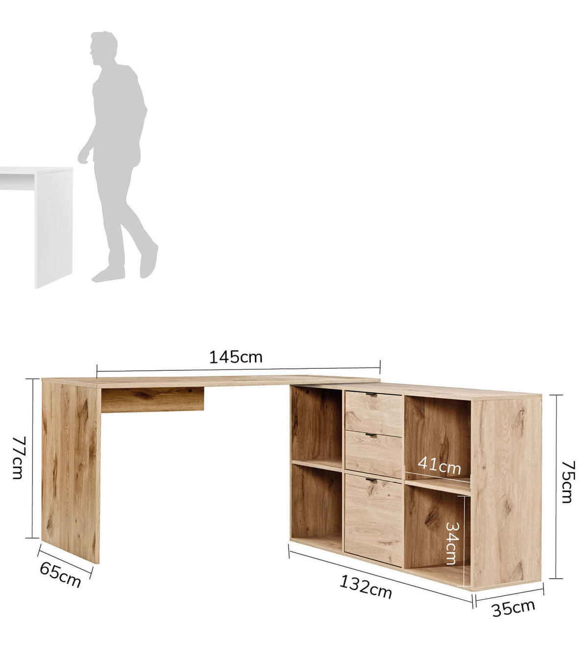 ECKSCHREIBTISCH Der Produktive - Eichefarben, Holzwerkstoff (65/145/77cm) - Mokebo