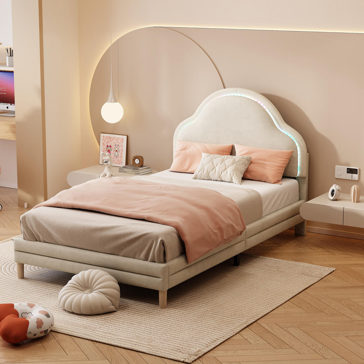 KINDERBETT 90x200cm mit Holzlatten, beiger Samtstoff - Beige, Holz (90/200cm) - KOMHTOM
