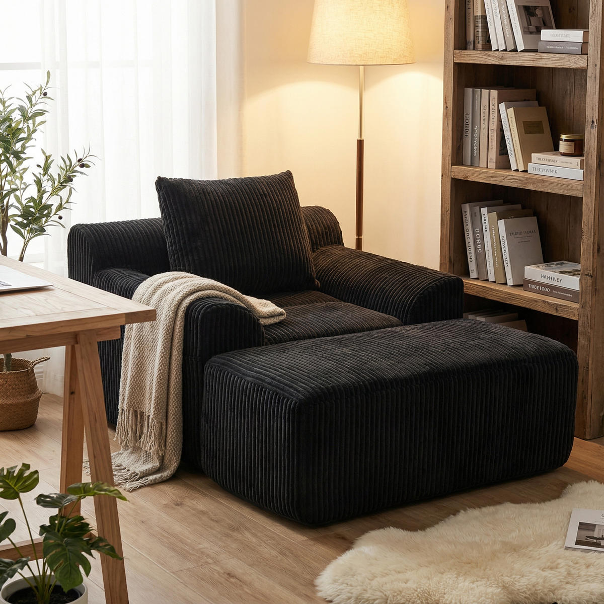 SESSEL mit Hocker in Cord Übergroßer Relaxsessel - Schwarz, Textil (147/67/110cm) - Urban Meuble