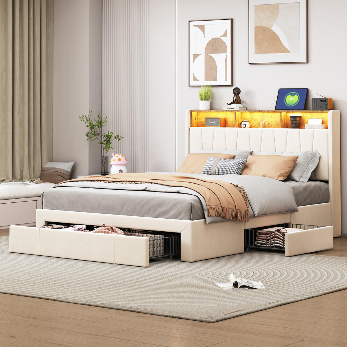 POLSTERBETT 140x200 cm, Beige, mit 3 Schubladen, USB & Typ C, LED - Beige, Textil/Metall (140/200cm)