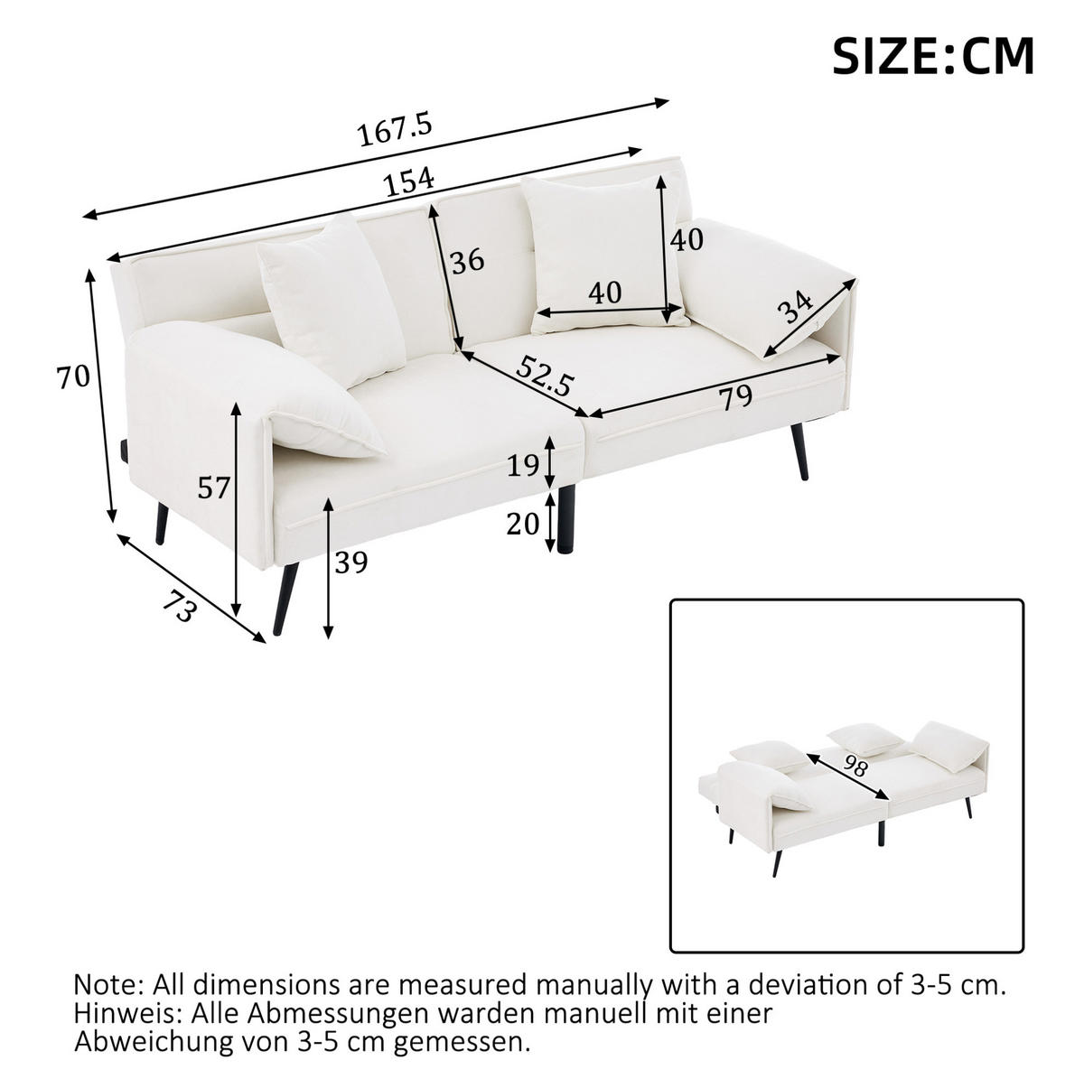 SCHLAFSOFA 2-Sitzer, Stoff mit 3-fach verstellbarer Rückenlehne, 167,5/73/70 cm, Weiß - Weiß, Textil (73/70/167.5cm) - Redom