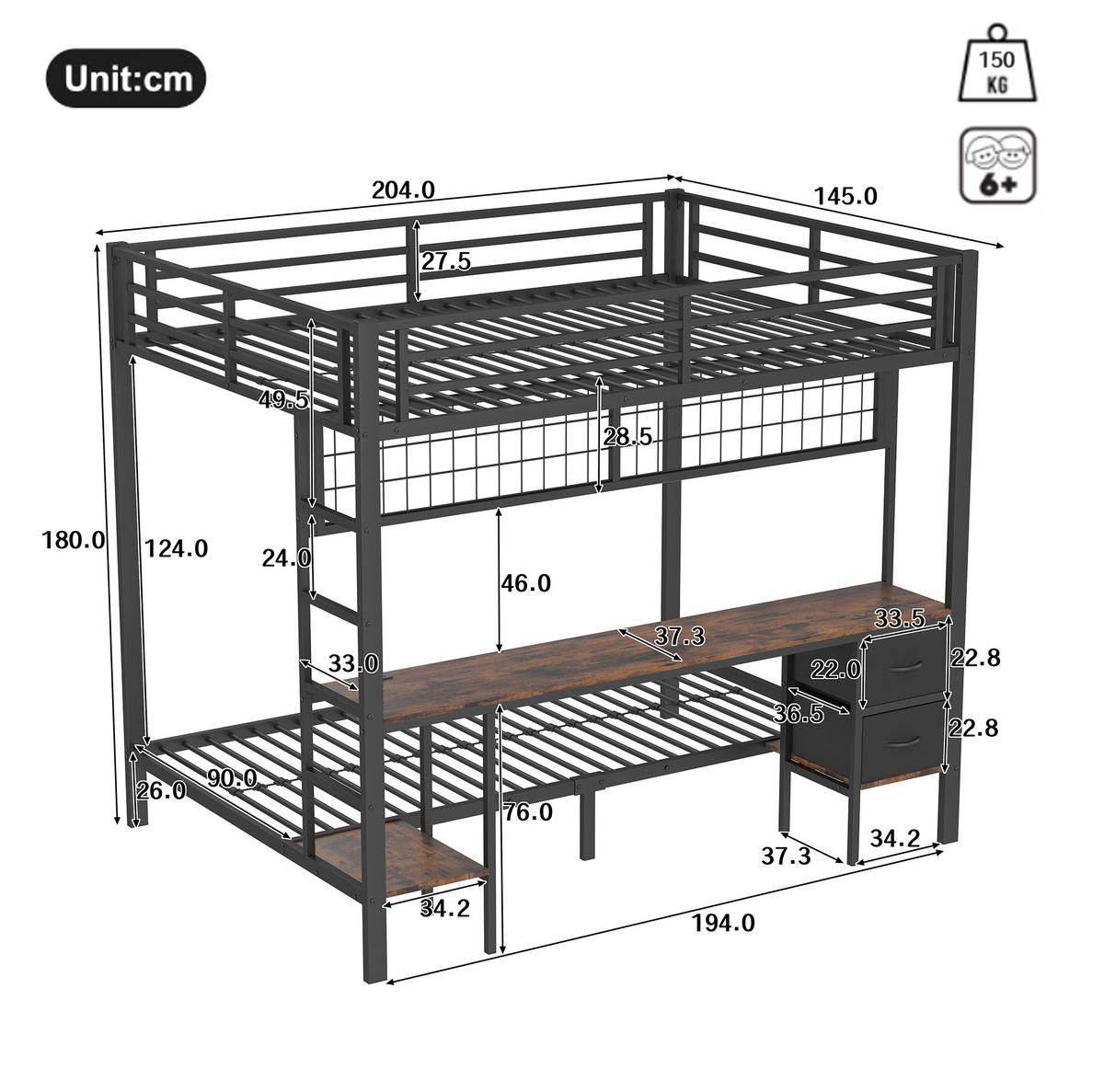 HOCHBETT aus Metall 140x200 cm Schwarz mit Schreibtisch, Schubladen, Ablagen, Hängegitter, LED-Leiste und USB-Anschluss - Schwarz, Metall (90/200cm) - Modfu