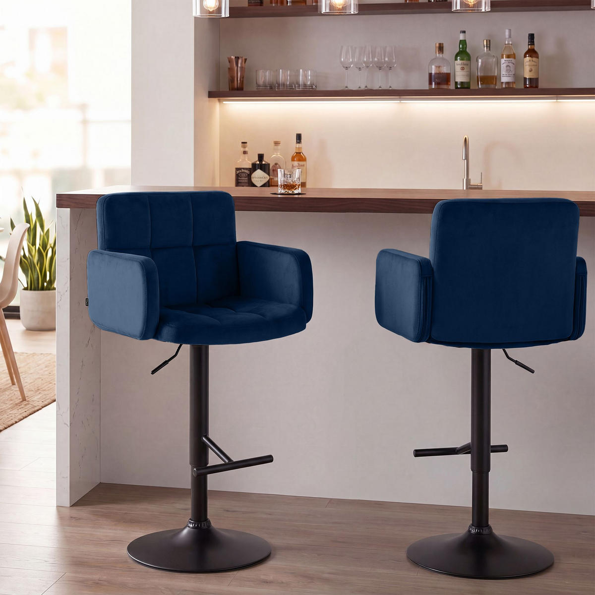 BARHOCKER 2 Samt Blau - Blau/Schwarz, Textil/Metall (60/93/56cm) - CLP