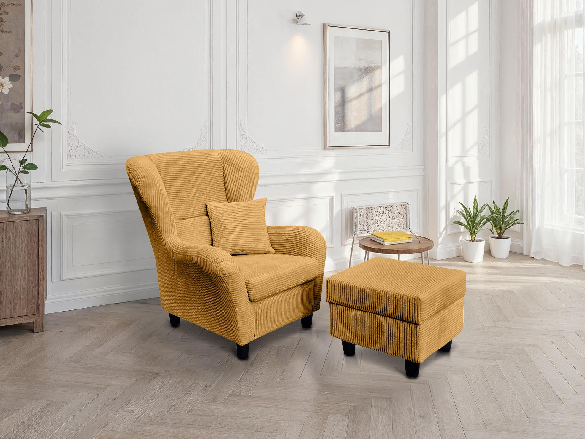 OHRENSESSEL mit HOCKER, hoher Sitzkomfort durch Wellenunterfederung B90/H98/T76 cm, Cord Gold Ockergelb / 18022 - Currygelb/Goldfarben, Holz/Textil (90/98/76cm) - luma-home