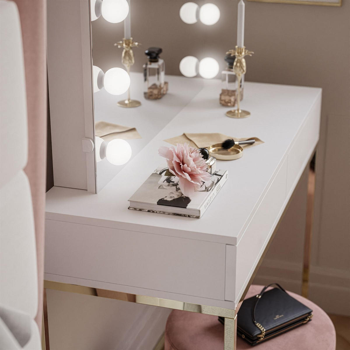 SCHMINKTISCH BLANCO ELITE mit Spiegel und Beleuchtung Gold Chrom Weiß Hochglanz PUSH OPEN - Weiß Hochglanz, Holzwerkstoff (100/146/42cm) - Lookway