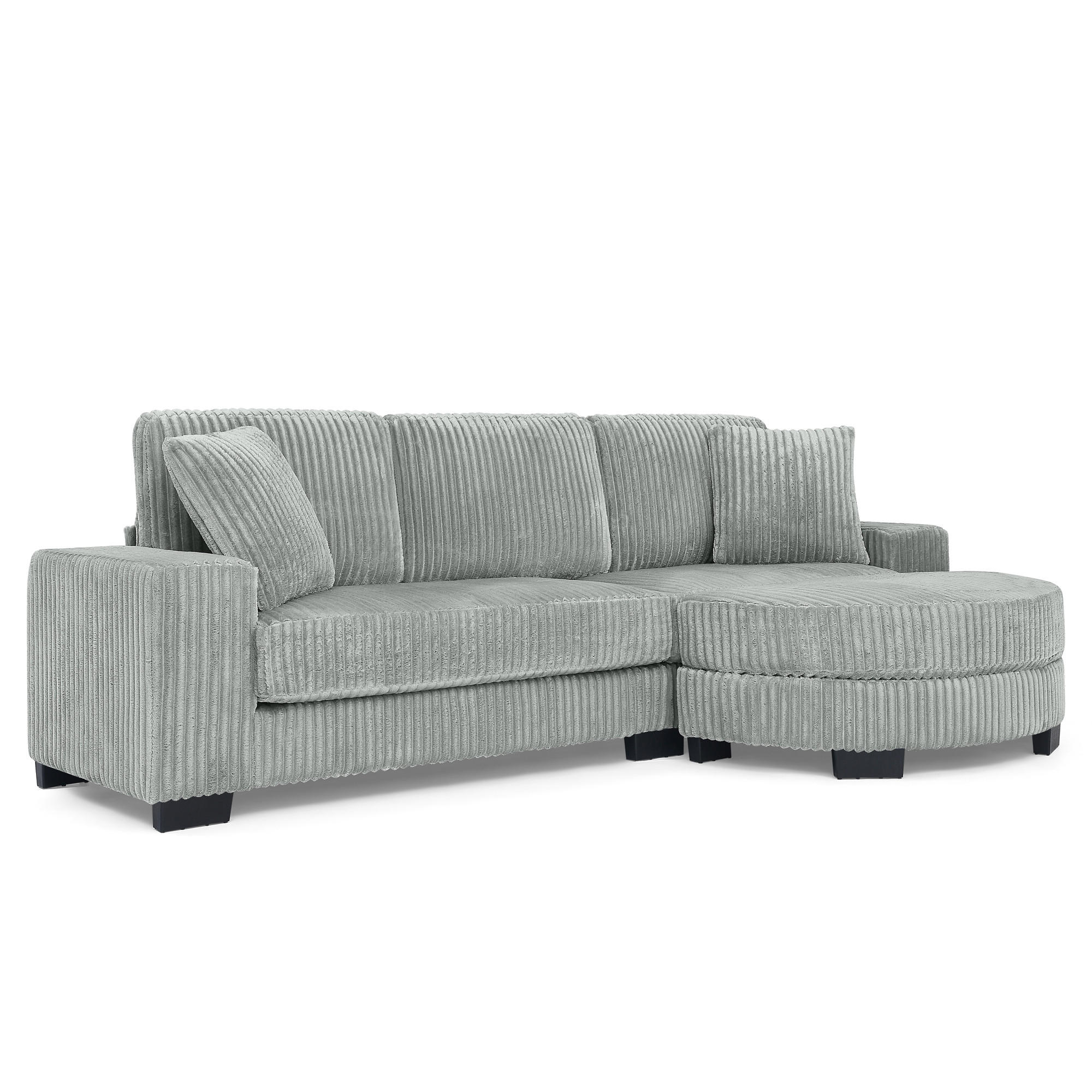 4-SITZER ECKSOFA Cord Grau mit ovalem Hocker und 2 Kissen - Grau, Holzwerkstoff/Kunststoff (256.5/133.5cm) - WISHDOR