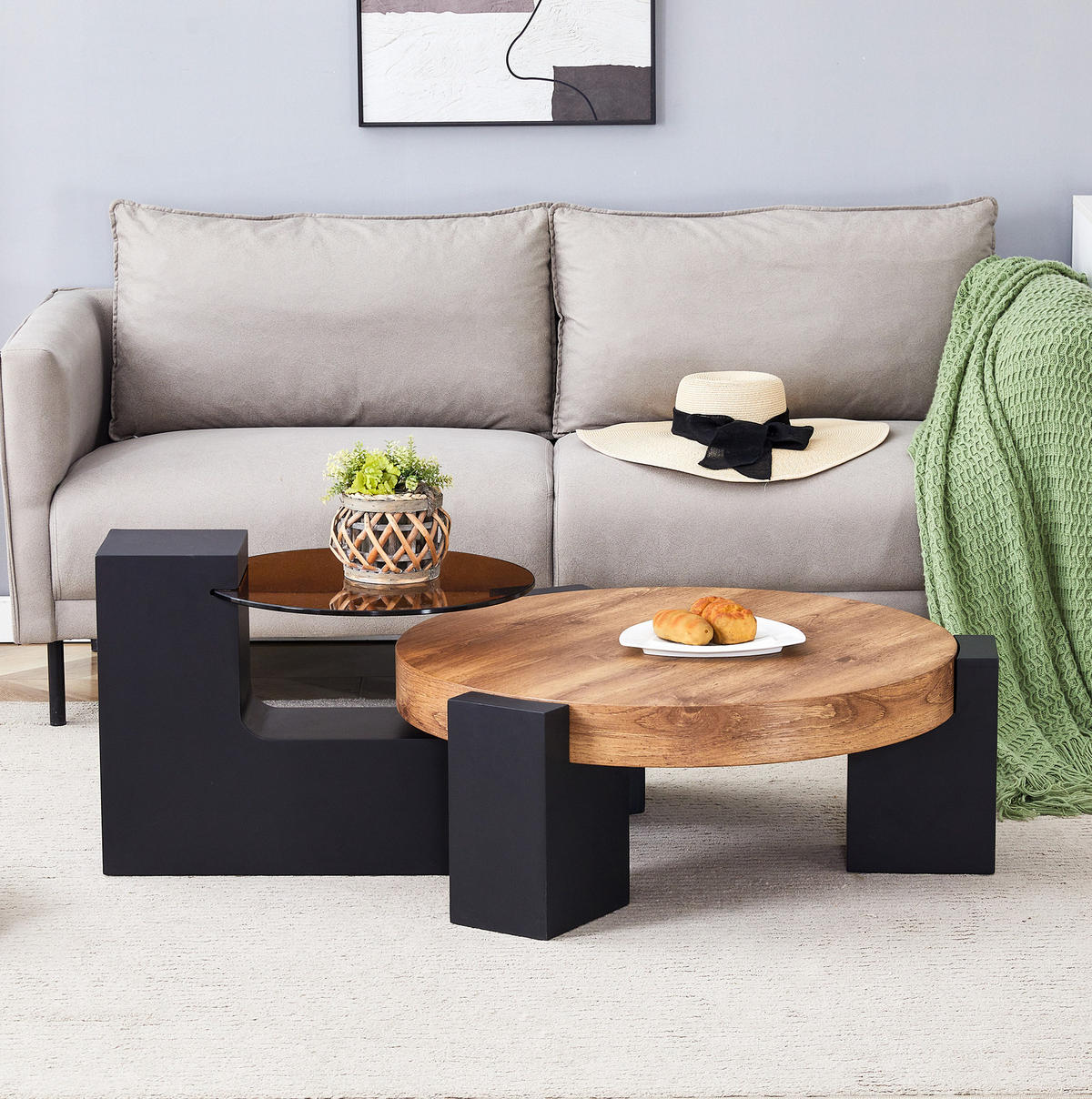 COUCHTISCH-SET aus MDF und Glas 61x61x30 cm Schwarz in Holzoptik mit Beistelltisch - Schwarz, Holzwerkstoff (61/61/30cm) - IVMEU
