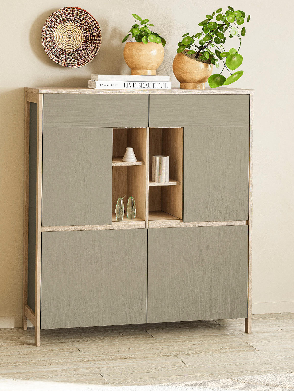 HIGHBOARD Salbei grün, Eiche 111 x 125 cm, Kommode skandinavisch mit Soft-Close - Salbeigrün/Eichefarben, Holzwerkstoff/Metall (111/125/39cm) - Furn.Design