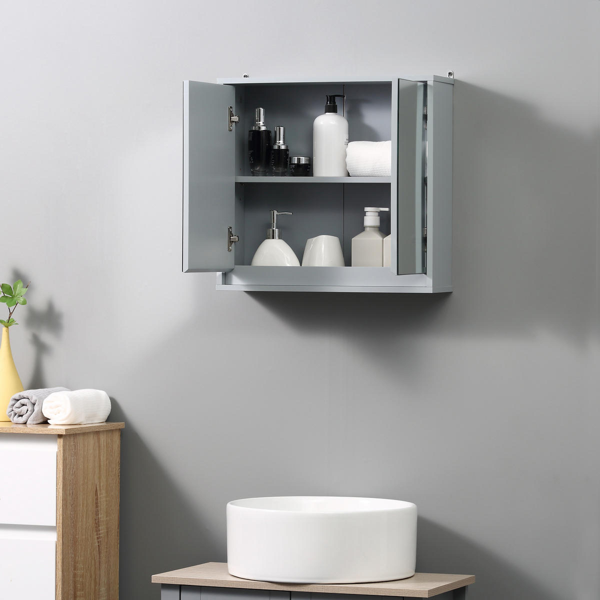 SPIEGELSCHRANK Badezimmer-Spiegelschrank mit 2 Türen, 48 x 14,5 x 45 cm ,Grau - Grau, Glas (48/45/14.5cm) - Vallsero