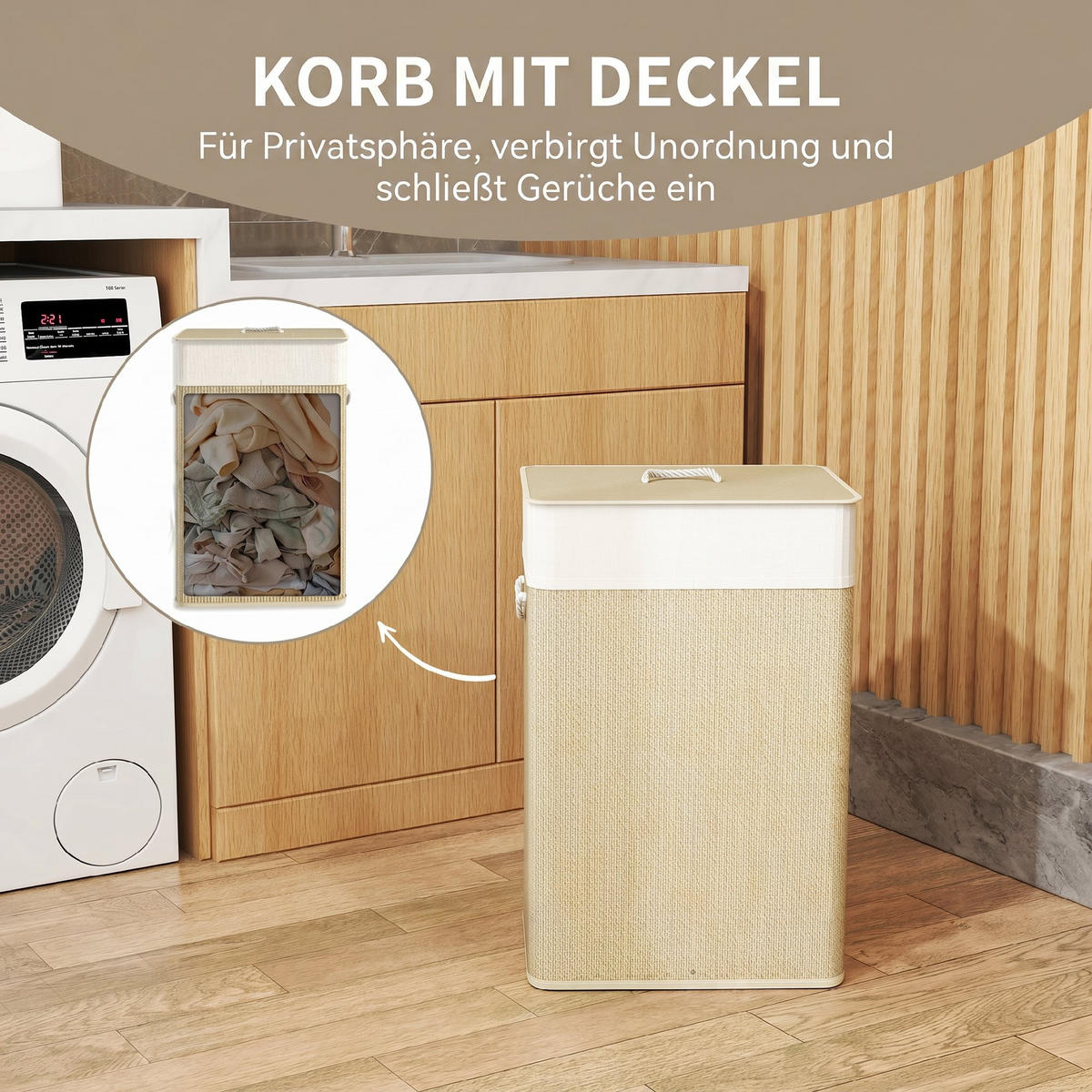 BAMBUS Wäschekorb mit Deckel 72 L Wäschesammler mit Seilgriffen Naturholz - Creme/Naturfarben, Naturmaterialien/Textil (30/60/40cm) - HOMCOM
