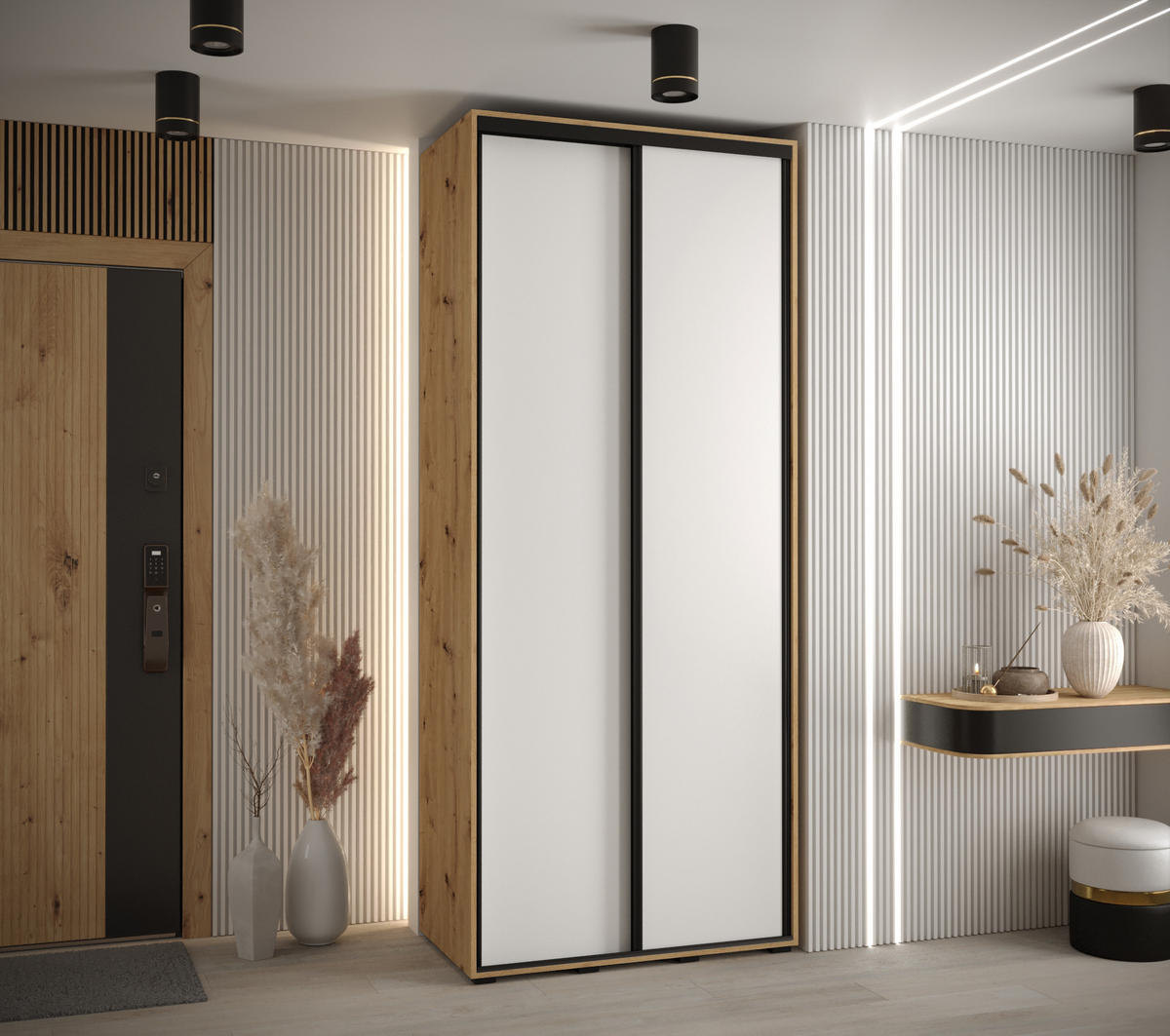 SCHWEBETÜRENSCHRANK 235,2/110/45 2-türig - Schwarz/Weiß, Holz/Metall (110/235/45cm) - Abiks Möbel