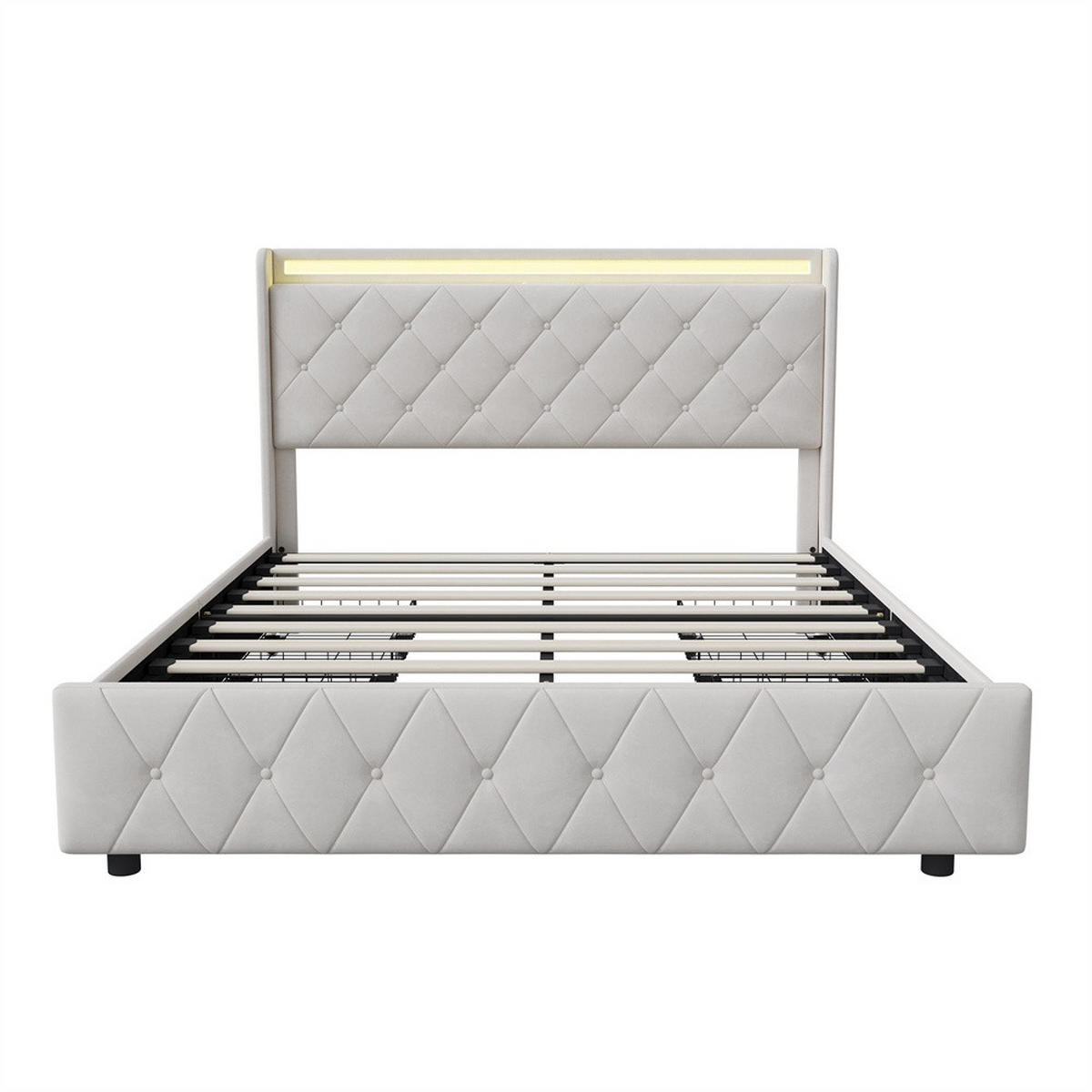 POLSTERBETT 140x200 cm mit 4 Schubladen & LED-Beleuchtung - USB-Anschlüsse - ohne Matratze - Beige - Beige, Textil (140/200cm) - DELFA