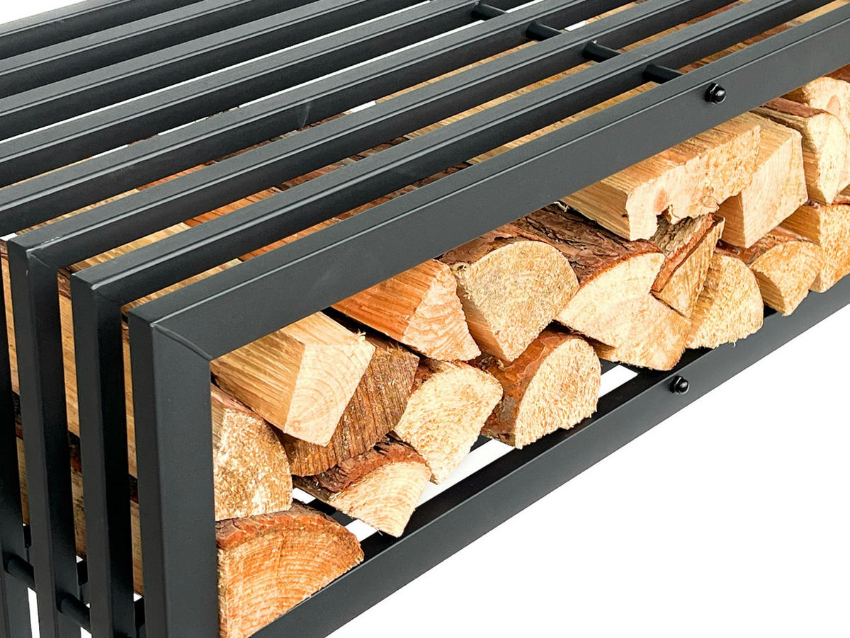 KAMINHOLZREGAL Innen mit Sitzbank Metall Schwarz 150 cm - Schwarz, Metall (150/50/40cm) - DanDiBo