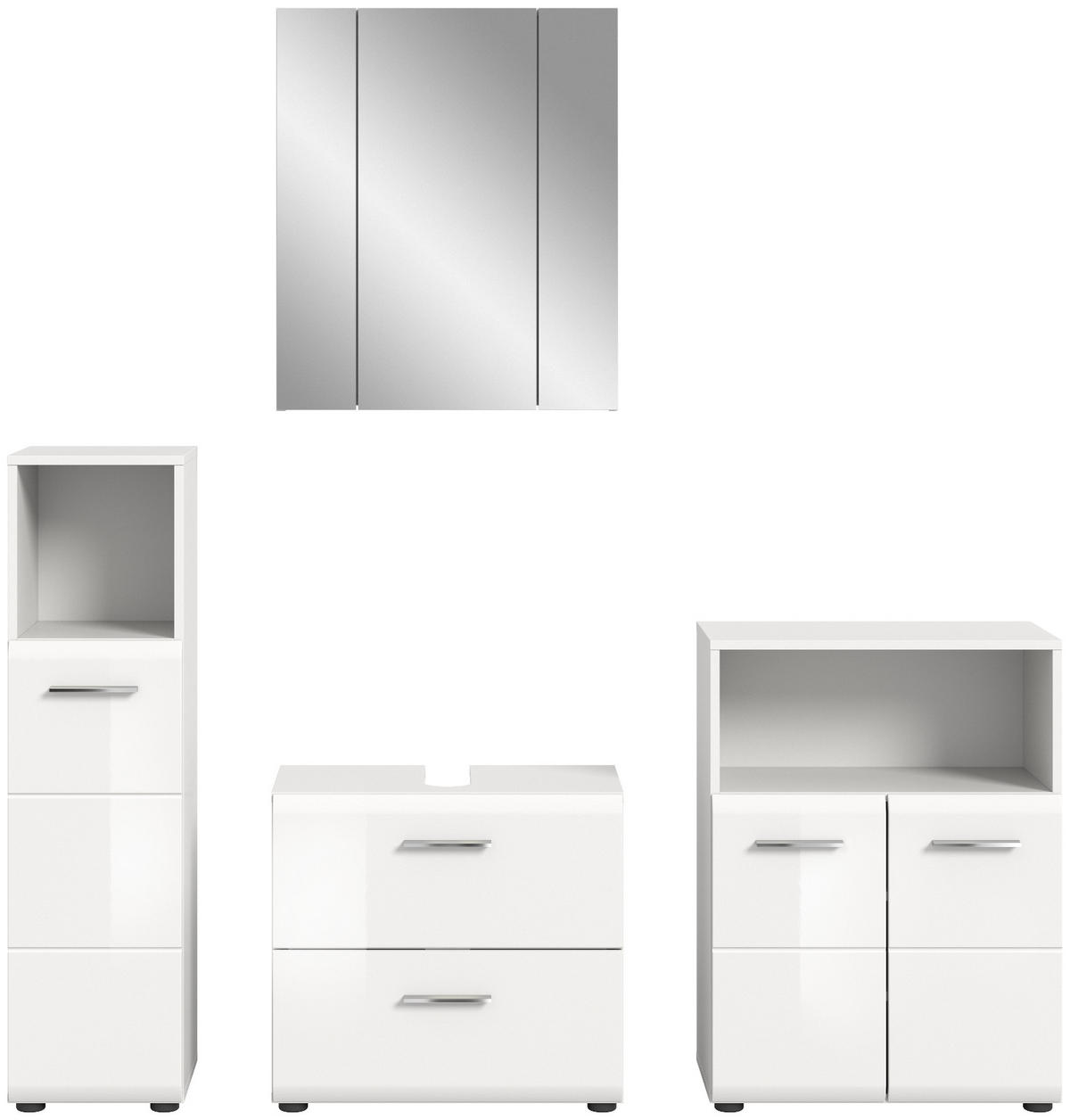 BADMÖBEL Set 4-teilig weiß Hochglanz, Badkombination 180 cm mit viel Stauraum - Weiß Hochglanz/Silberfarben, Glas/Holzwerkstoff (180/185/30cm) - Inn.Furn