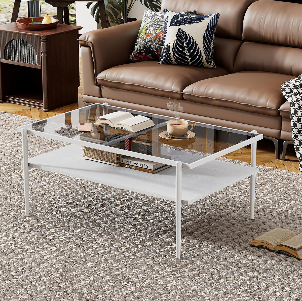 COUCHTISCH 97,5/61,5/45 cm aus Glas und MDF mit Ablage in Grau/Weiß - Weiß, Glas (97.5/61.5/45cm) - Flora Grace