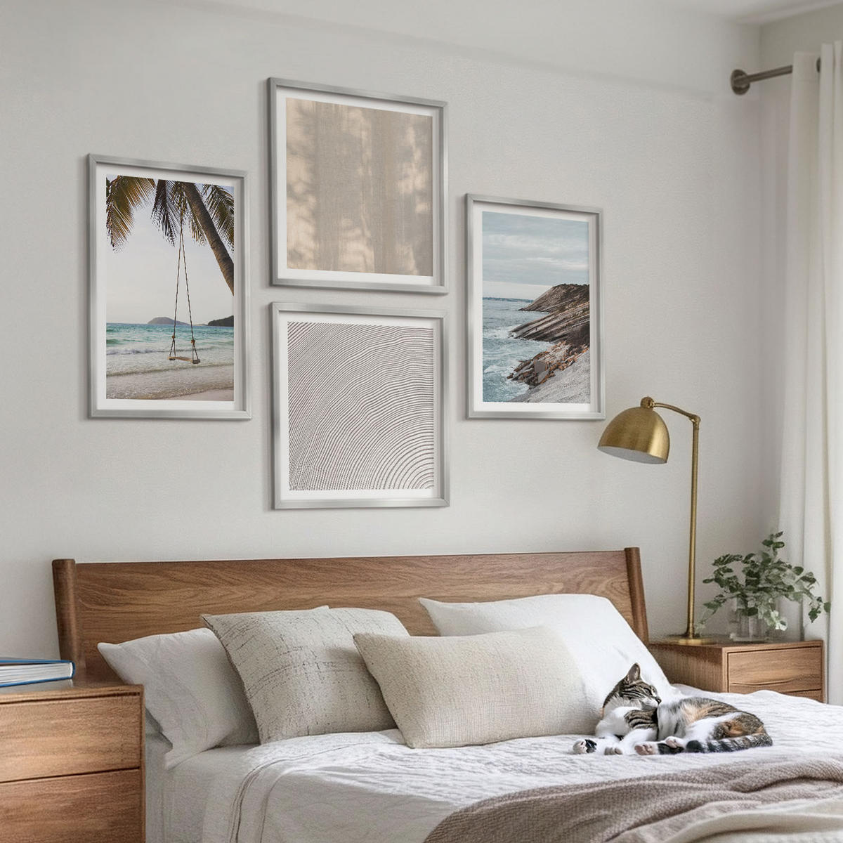 WANDBILDER 4er Set - 50x50 cm & 40x60 cm Silberner Rahmen - Sommerlicher Sandstrand mit Meerblick - Silberfarben, Kunststoff (50/50cm) - ArtPrintCave