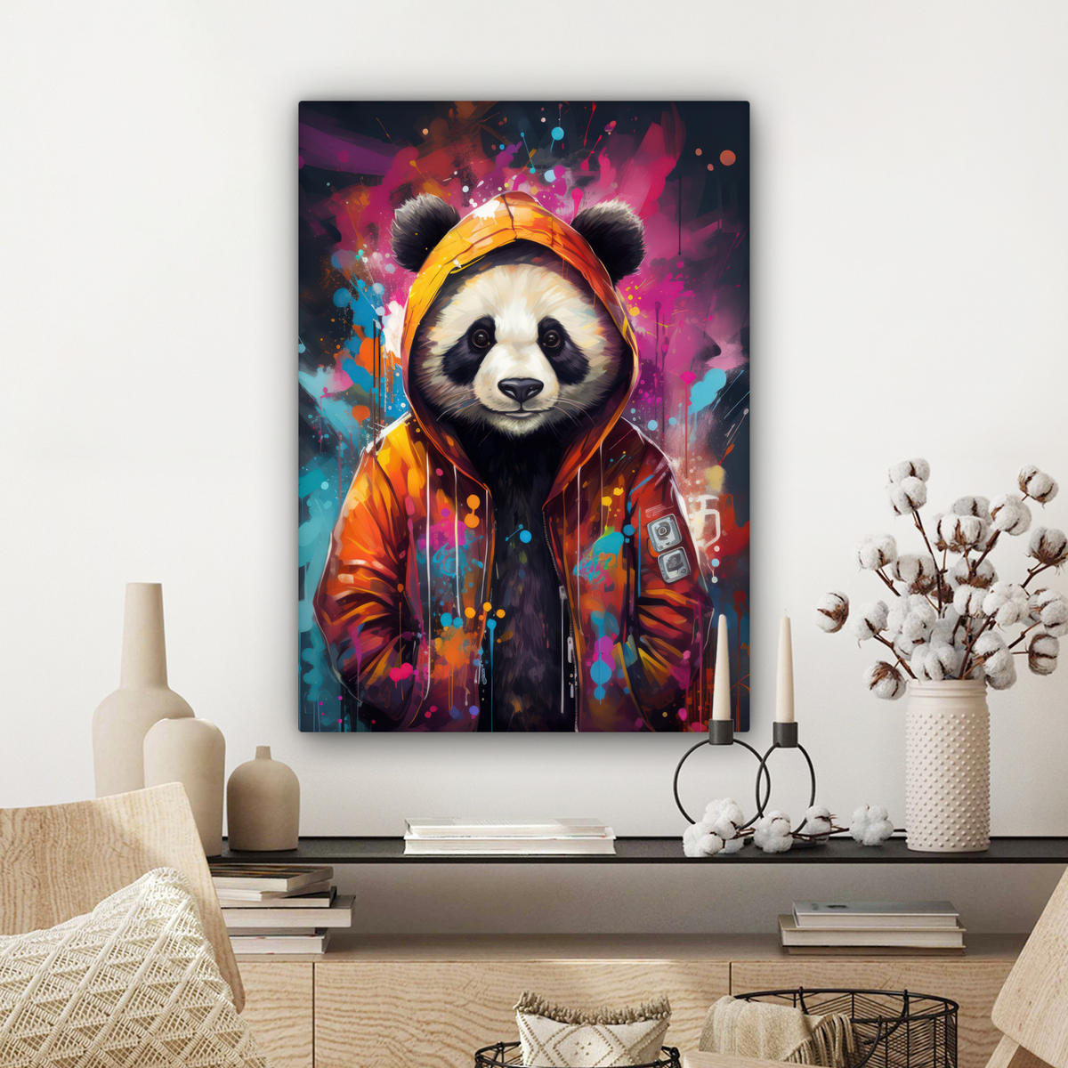 LEINWANDBILD Panda - Jacke - Graffiti - Orange 60x80 cm - Orange, Textil (60/80cm) - MuchoWow
