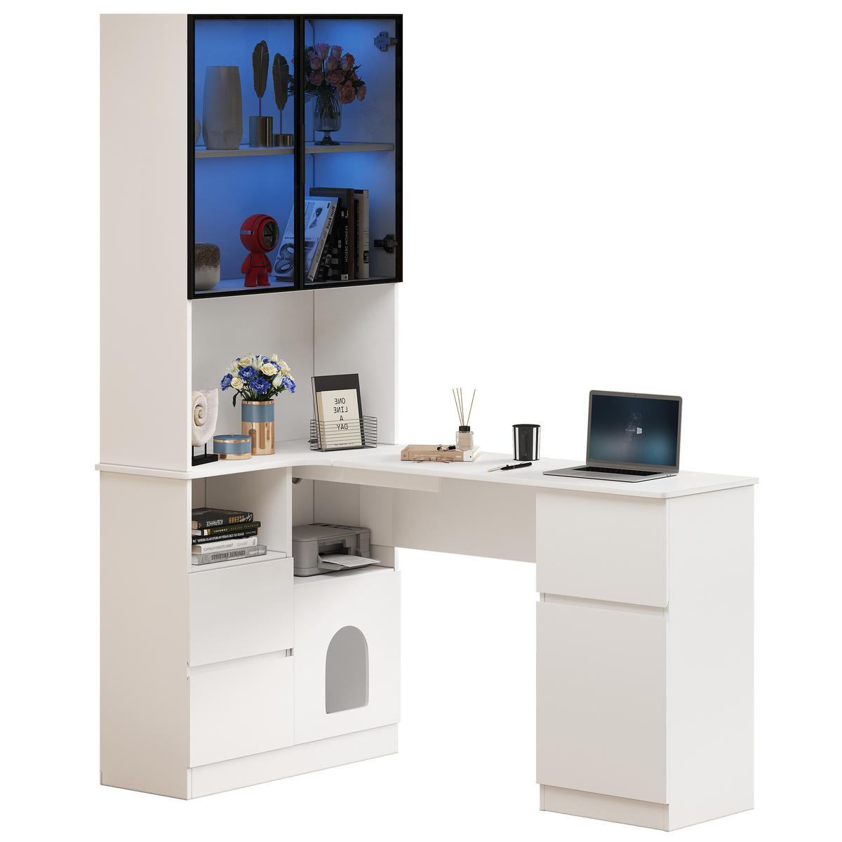 ECKSCHREIBTISCH 120/80/180 cm mit LED-Vitrine, Regal und 3 Schubladen - Weiß, Holzwerkstoff (120/180/80cm) - BEAOK
