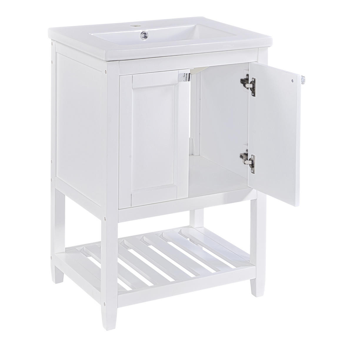 KOUPELNOVÁ skříňka s umyvadlem 60 cm bílá z masivního dřeva a MDF se spodním úložným prostorem - bílá, kompozitní dřevo (61/90/46cm) - OKWISH
