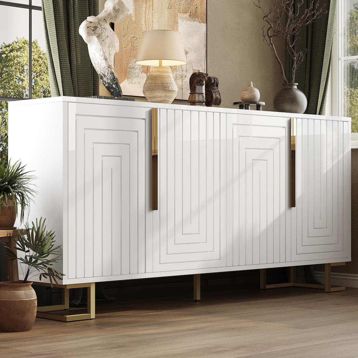 SIDEBOARD aus MDF 152x40x75 cm Weiß mit 2 Türen, 4 Fächern, goldfarbenen Griffen und Kippschutz - Weiß, Holzwerkstoff (152/75/40cm) - Modfu