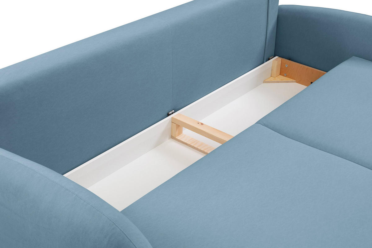 BETTSOFA AGIO Blau Plüsch-Stoff mit Schlaffunktion - Blau, Holz (232/95/109cm) - MASSENO