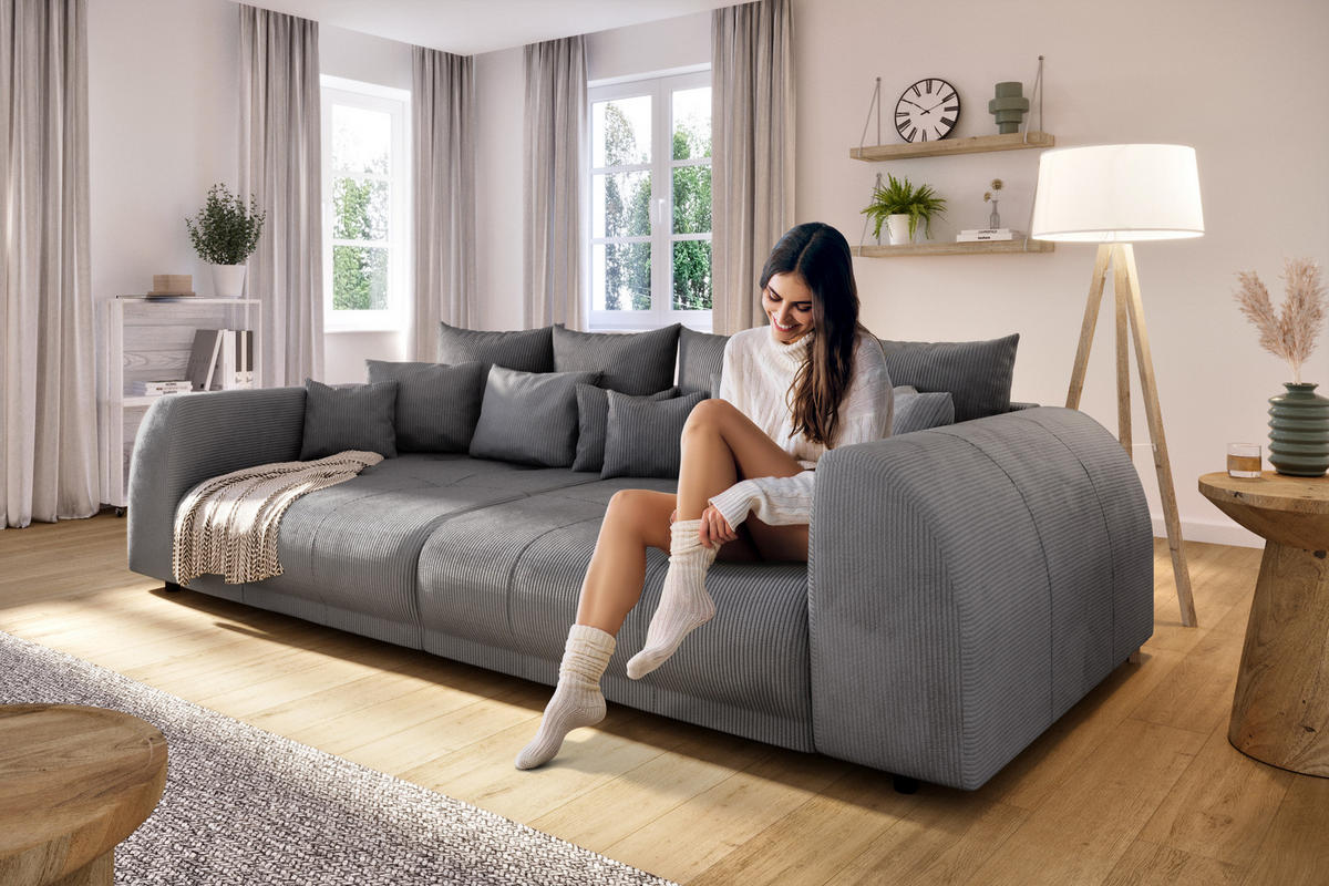 BIGSOFA Levana 5 Sitzer Grau Cord-Stoff - Schwarz/Grau, Holz/Kunststoff (310/86/135cm) - S-Style Möbel