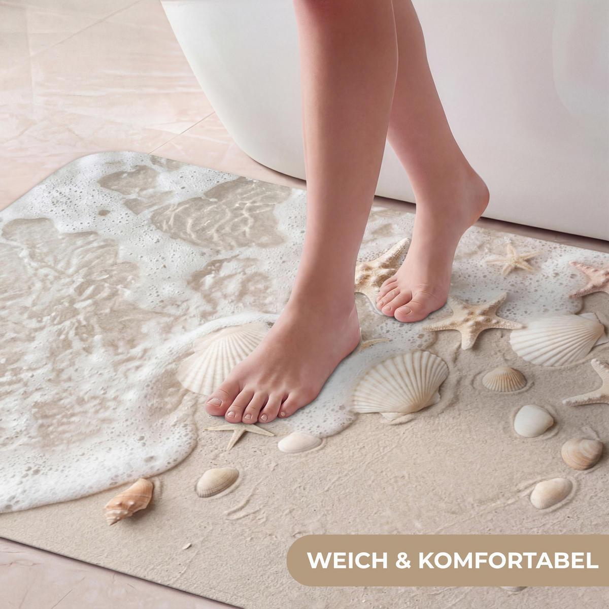 KÚPEĽŇOVÁ PREDLOŽKA Mušle - Hviezdice - Pláž 60x120 cm - piesková/krémová, textil/plast (60/120cm) - OnlyWow