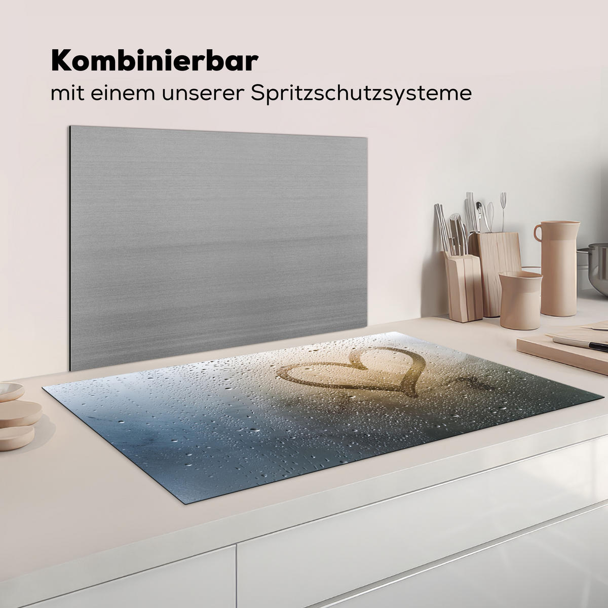 HERDABDECKPLATTE Herz - Kondenswasser - Wasser - 3D Induktionsschutz 91.2x52 cm - Grau, Kunststoff (91.2/52/0.2cm) - MuchoWow