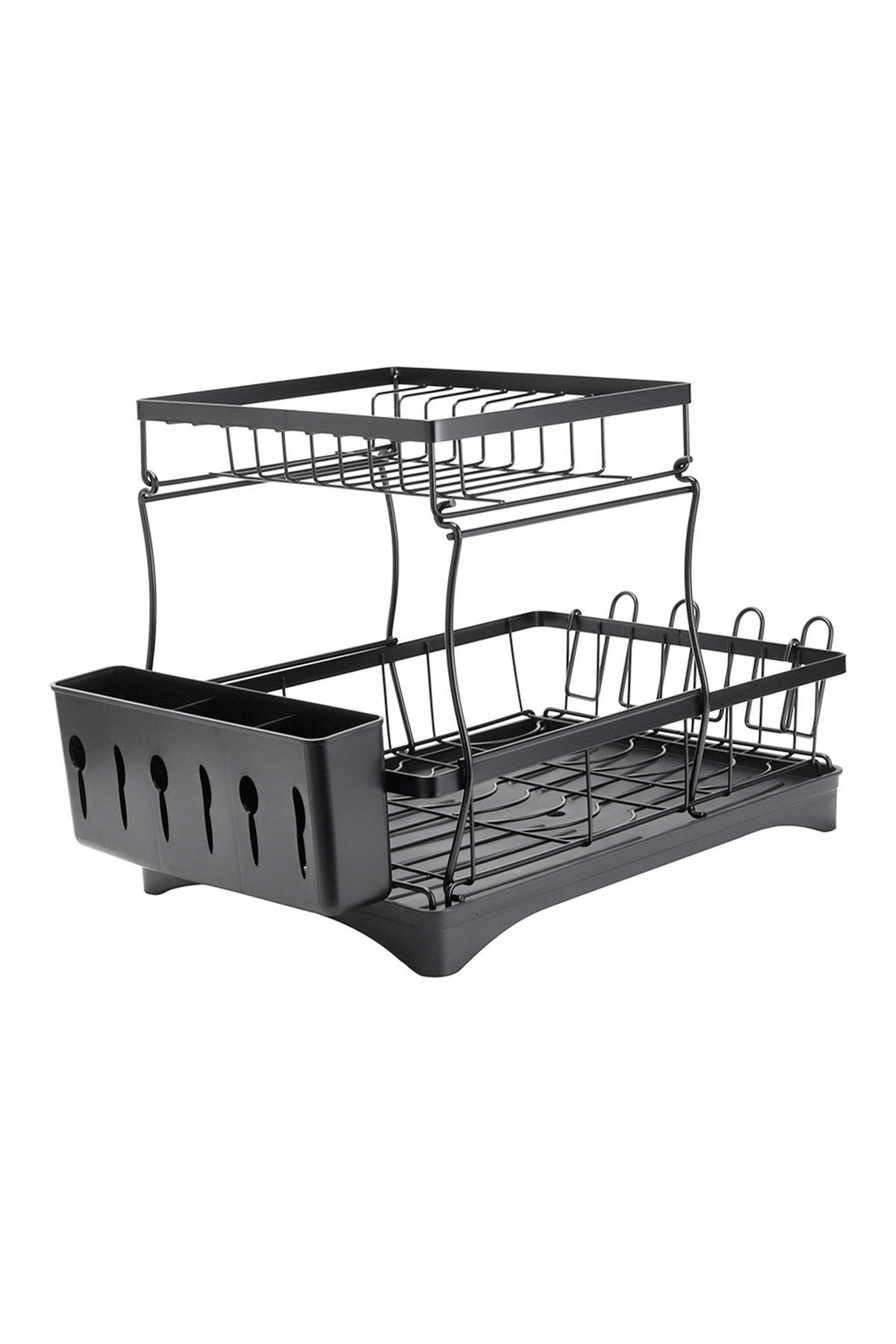 GESCHIRRABTROPFGESTELL 2-stufige aus Kohlenstoffstahl mit Besteckhalter aus PP und einem Becherhalter 49 x 30 x 34 cm - Schwarz, Metall (49/43/30cm) - Livingandhome