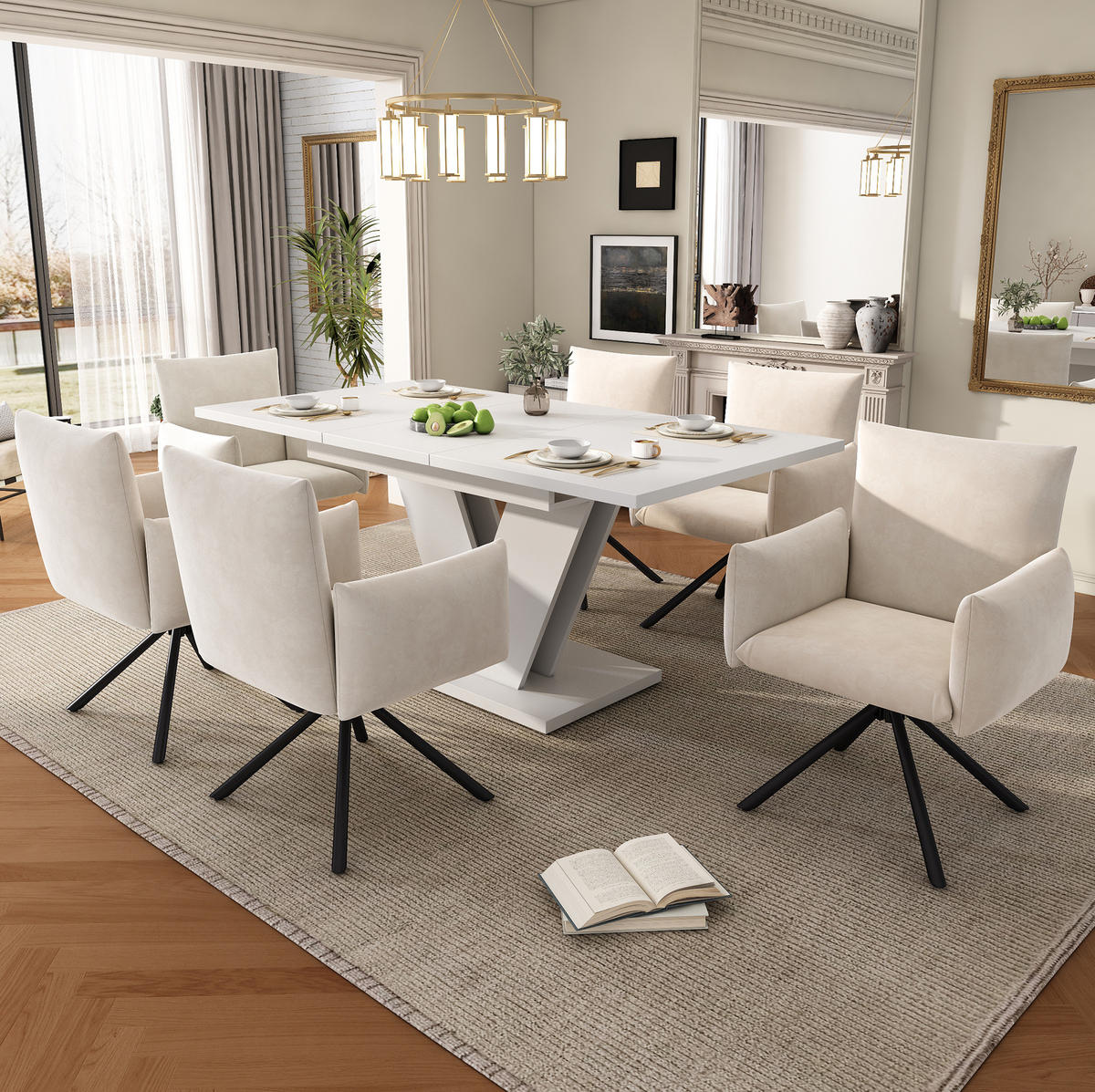 ESSTISCH aus MDF 160x80x75 cm Weiß ausziehbar mit V-förmigen Metallbeinen - Weiß, Holzwerkstoff (160/80/75cm) - Modfu