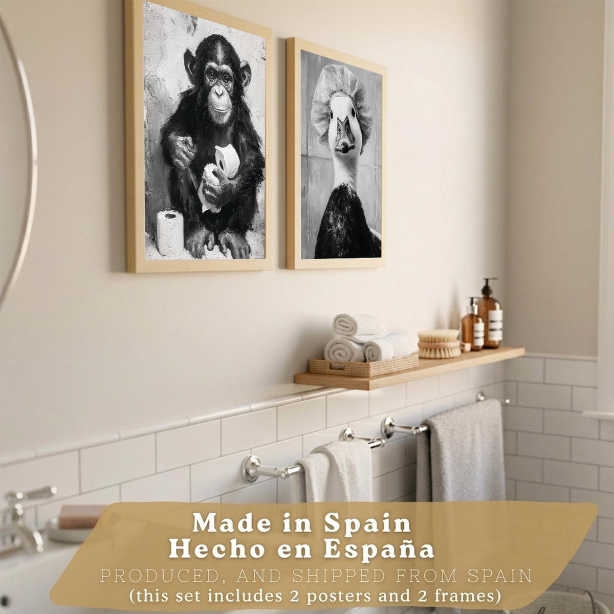 PLAKÁT Sada 2 zábavných černobílých potisků moderní minimalistický styl Světlý dřevěný rám A3 - béžová, papír (42/29.7/3cm) - Nacnic