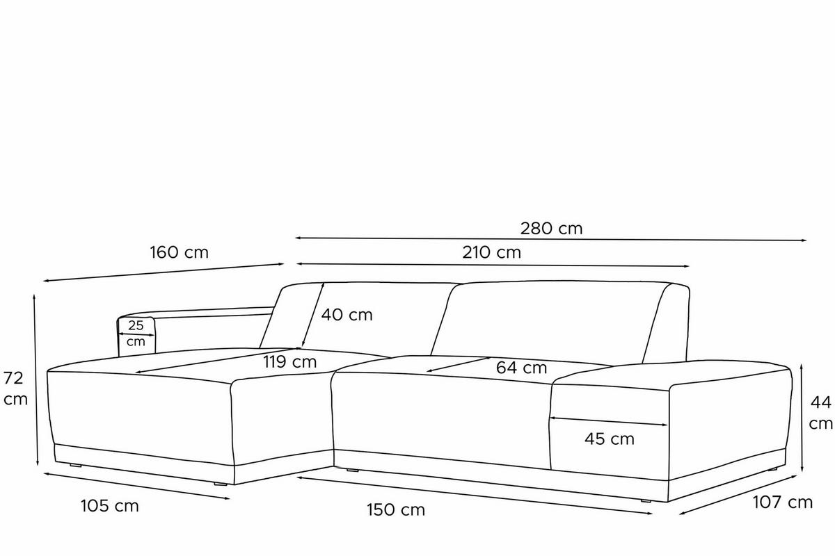 ECKSOFA-LINKS MUDI in moderner Optik mit hochwertigem Kaltschaum, Cord-Stoff, beige - Beige/Schwarz, Textil (280/160cm) - KONSIMO®