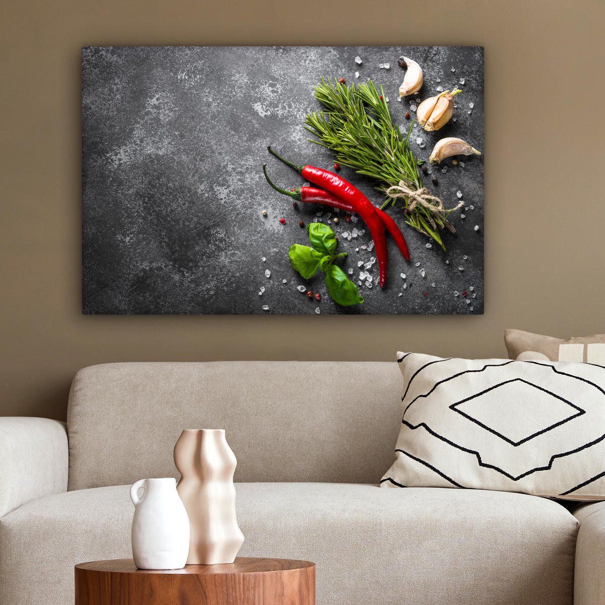 LEINWANDBILD Pfeffer - Kräuter - Gewürze - Beton - Küche 90x60 cm - Dunkelgrau, Textil (90/60cm) - MuchoWow