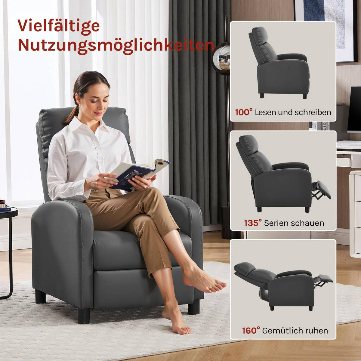 RELAXSESSEL mit Liegefunktion, Kunstleder, Grau - Schwarz/Grau, Kunststoff/Textil (65.5/102/89cm) - Woltu