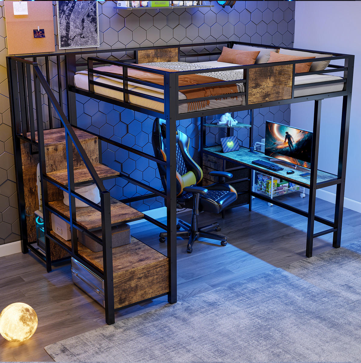 HOCHBETT 140/200 cm aus Metall mit Schreibtisch, LED, Schwarz - Schwarz, Metall (140/200cm) - OKMYHOME