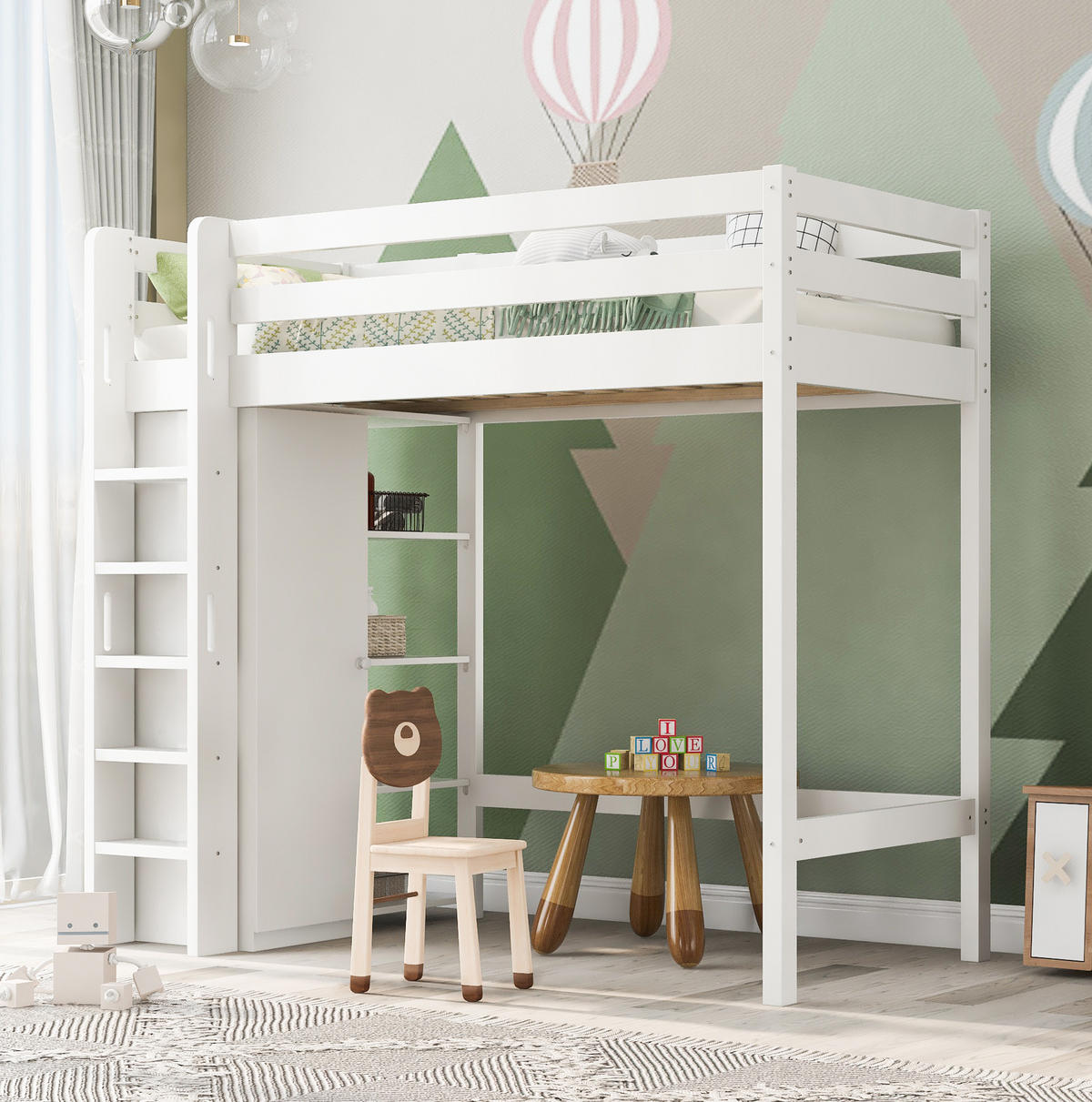 HOCHBETT 90/200 cm in Weiß mit Kleiderschrank und 6 Regalen - Weiß, Holzwerkstoff (90/200cm) - Flora Grace