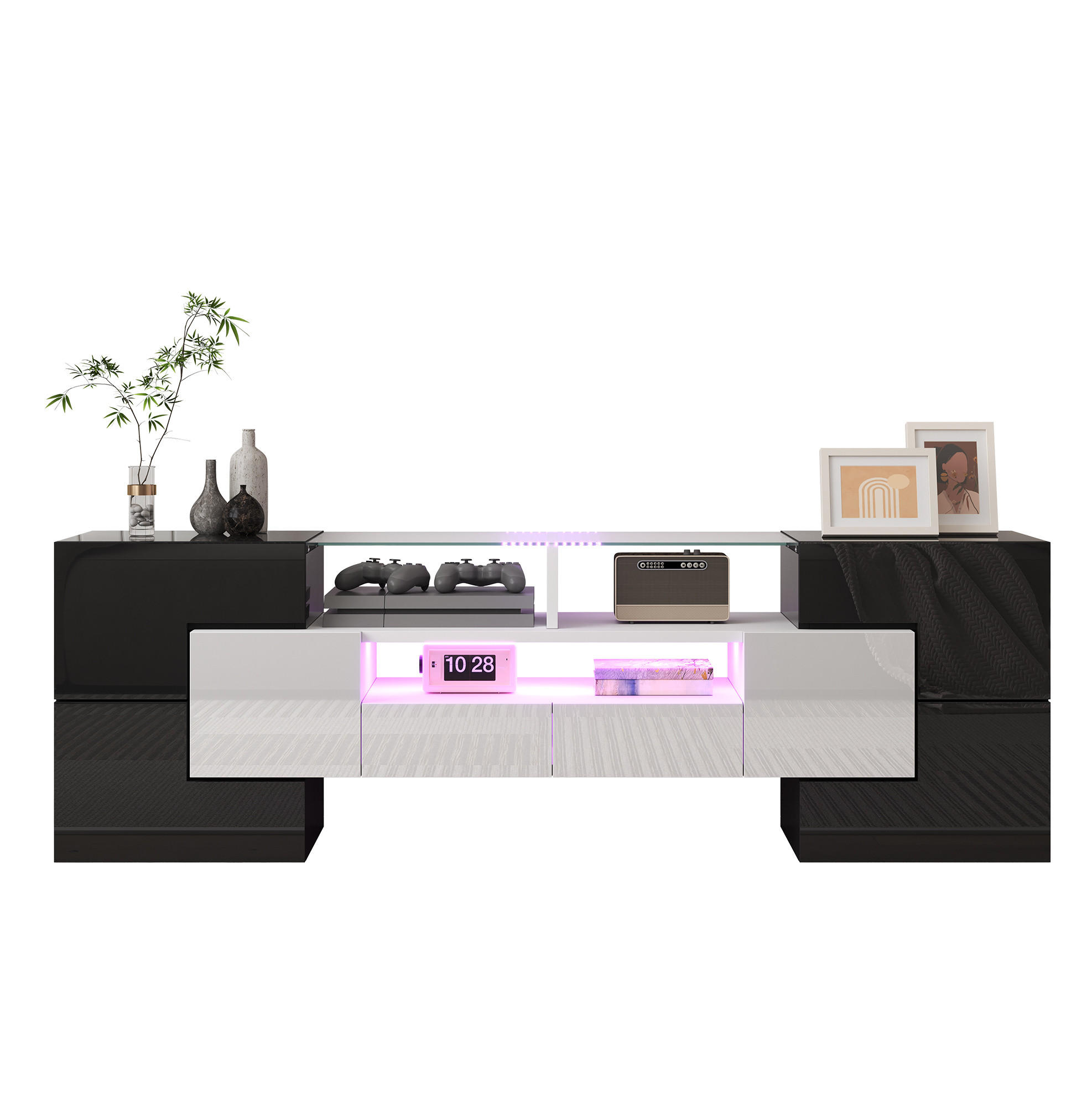 LOWBOARD 145/30/51 cm aus Holzwerkstoff mit LED-Beleuchtung Weiß/Schwarz - Weiß, Holzwerkstoff (145/51/30cm) - Modenvie