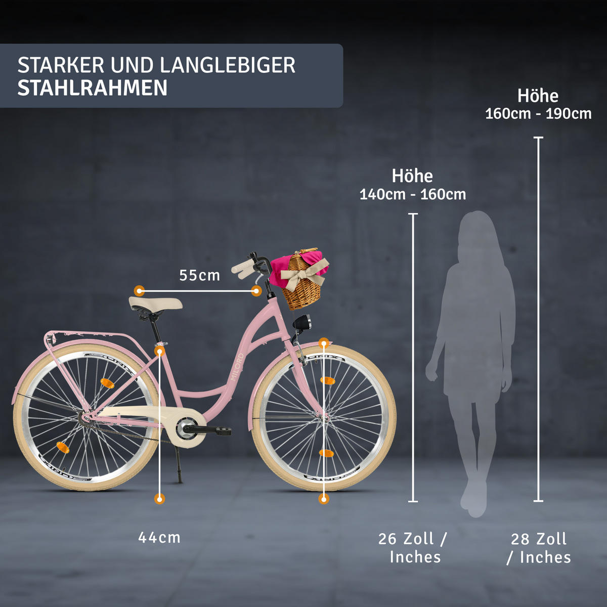 CITY-FAHRRAD Milord mit Weidenkorb, 28 Zoll, Rosa-Creme, 1-Gang - Pink/Creme, Metall (46cm) - Milordbikes