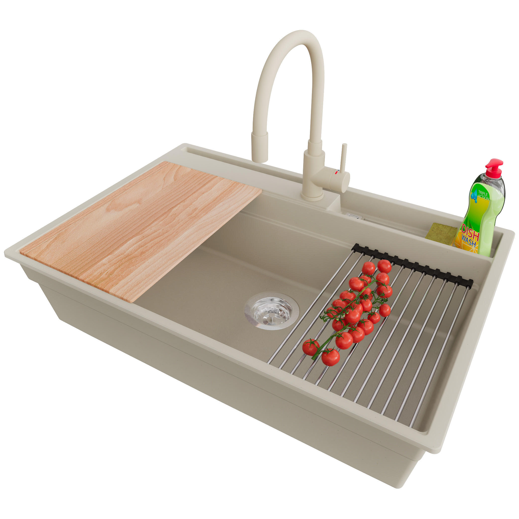 GRANITSPÜLE Oslo Pocket, 2-er set Beige 78/53 cm 1 Becken + Küchenarmatur 38/14 cm + Ablauf-Set + Küchenzubehörset ab 80er Unterschrank - Chromfarben/Beige, Kunststoff (78/20/53cm) - Primagran