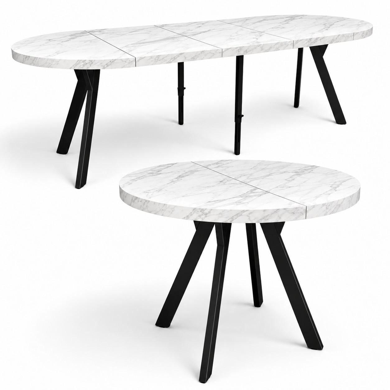 ESSTISCH rund ausziehbar 100/300/76 cm, Marmor, 54 cm Tischplatte + Y Metallgestell Schwarz - Hellgrau/Schwarz, Holzwerkstoff/Metall (100/300/76cm) - Damale Möbel