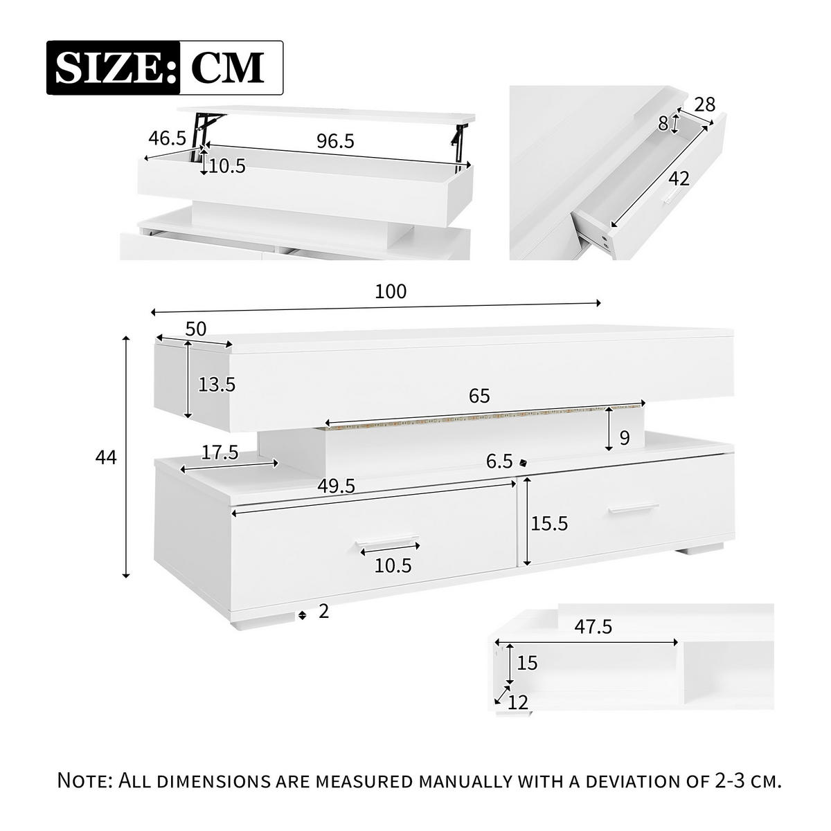 COUCHTISCH, hydraulisch höhenverstellbar mit LED, Bluetooth-App, 2 Schubladen und verstecktem Stauraum, 100/50/44 cm, Weiß - Weiß, Holzwerkstoff (100/50/44cm) - Redom