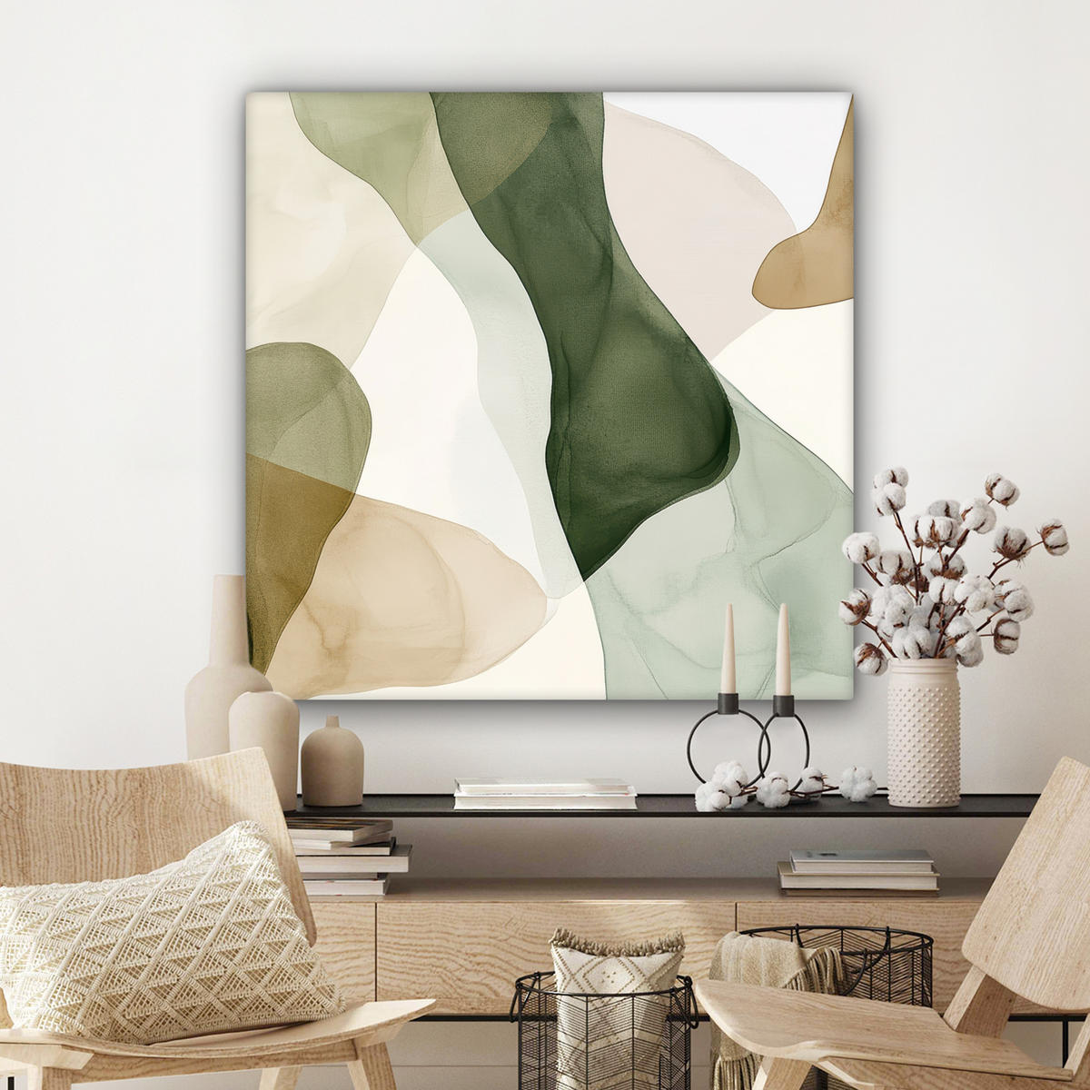 LEINWANDBILD Japandi - Abstrakt - Grün Deko Groß 90x90 cm - Multicolor, Textil (90/90cm) - MuchoWow