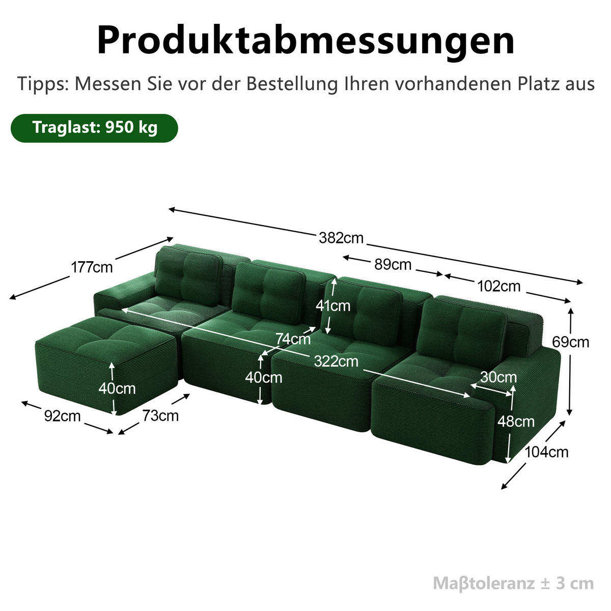 ECKSOFA 382/177/69 cm Grün Cord mit Ottoman - Grün, Textil (382/177cm) - Oxeza