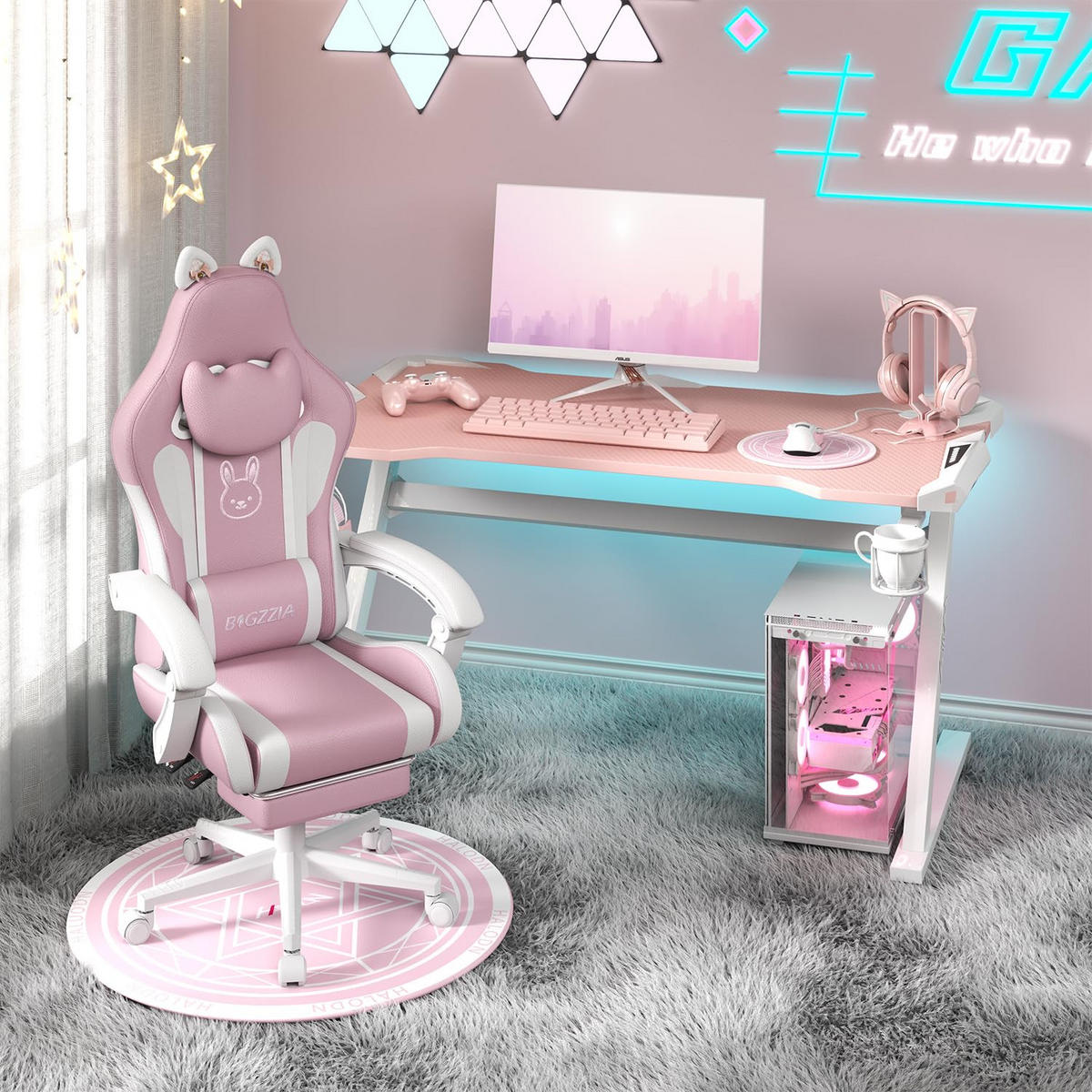 Gaming-Stuhl Katzenohren, Massage, Fußstütze – Rosa/Weiß - Pink, Leder (59/120/56cm) - Rattantree